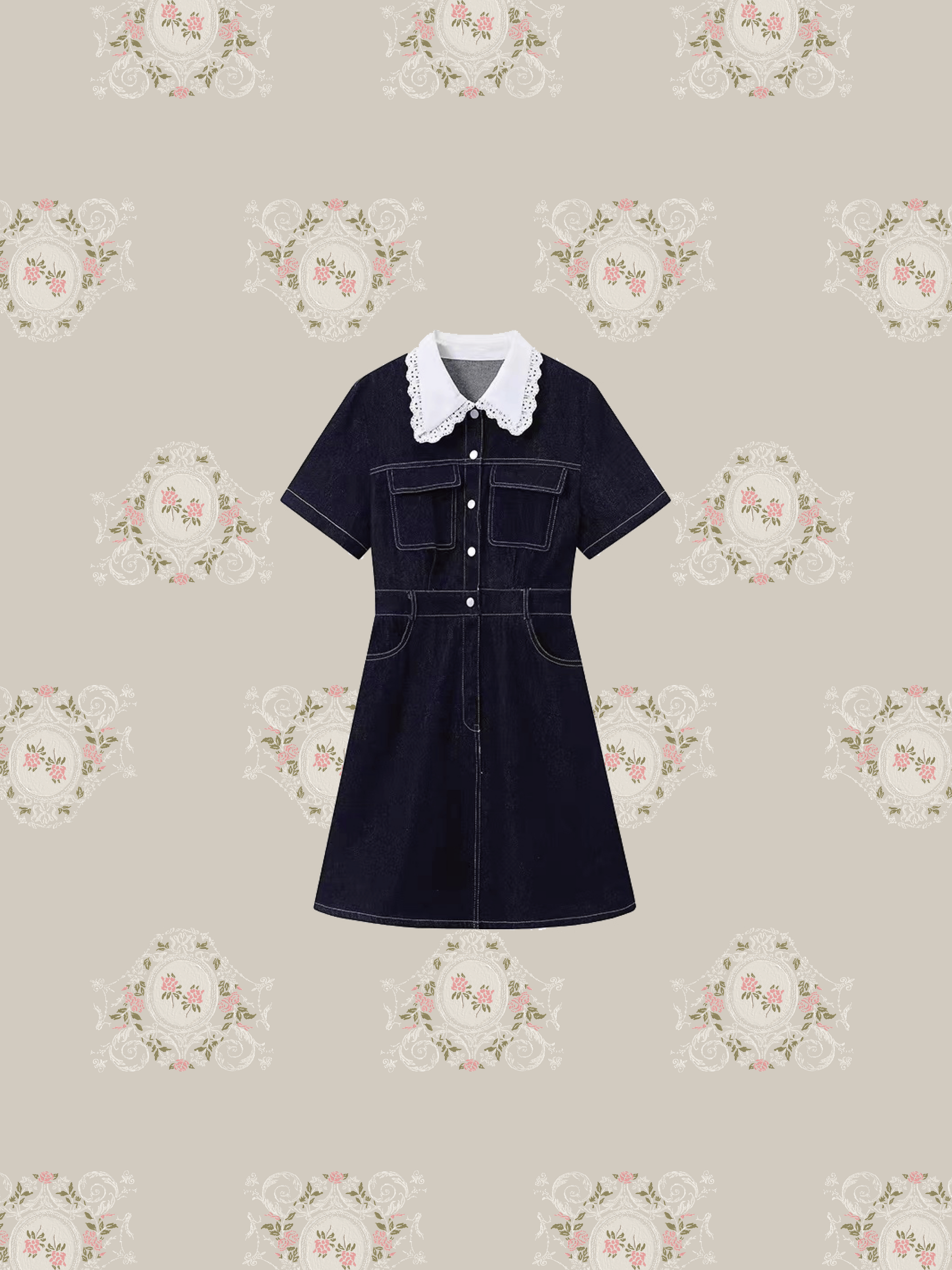 LA POMME petit レース襟半袖デニムミニワンピース レース襟半袖デニムミニワンピース Lace Collar Denim One Piece