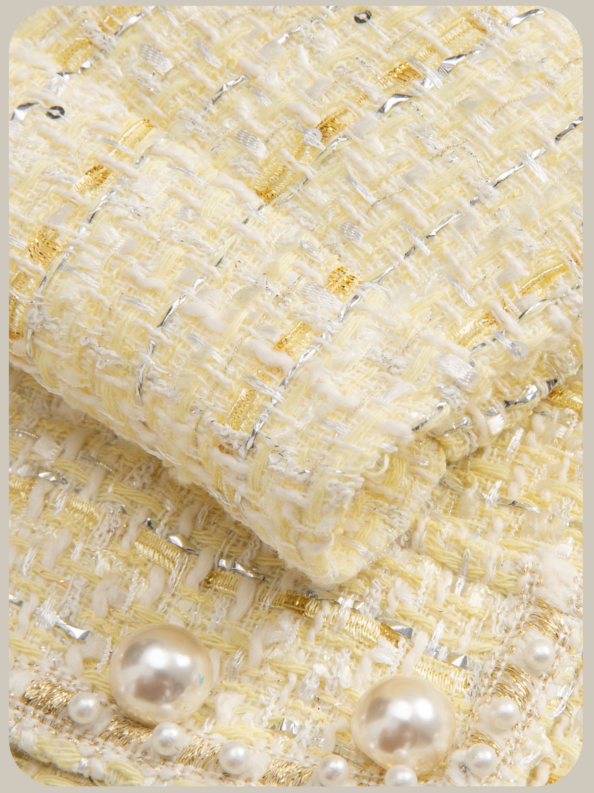 Pale Yellow Pearl Tweed Jacket Short Pants Set Up/ペールイエローパール付きツイードジャケットショートパンツセットアップ