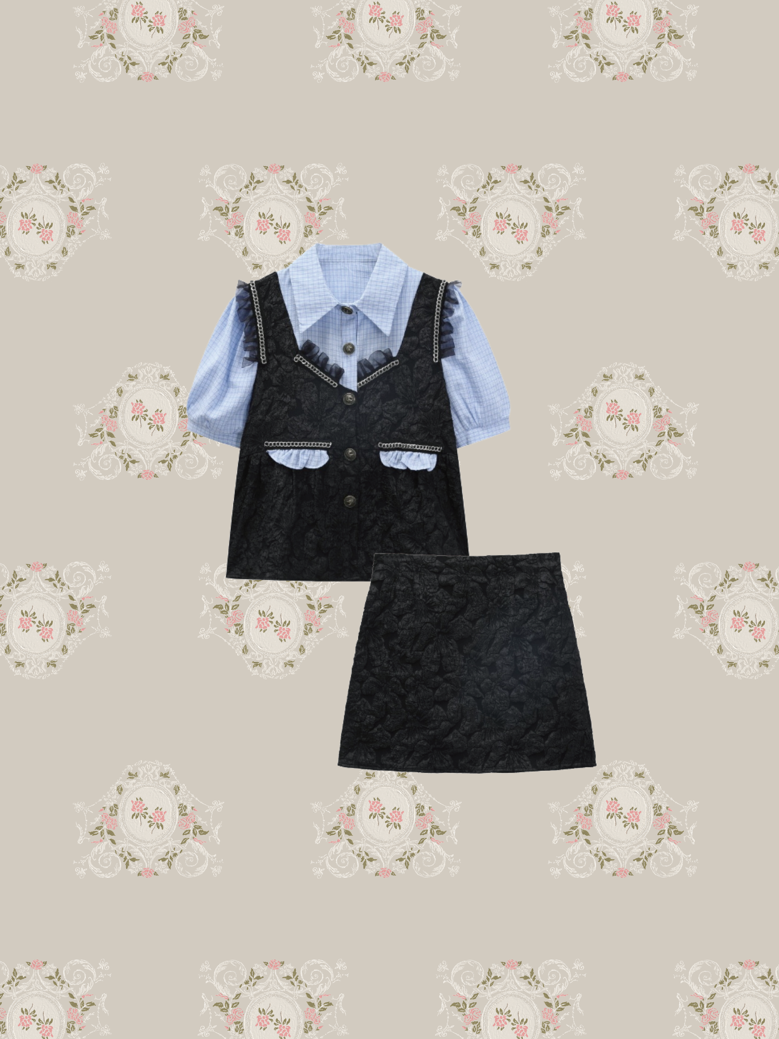 Classy Flower Emboss Shirt Skirt Set-up