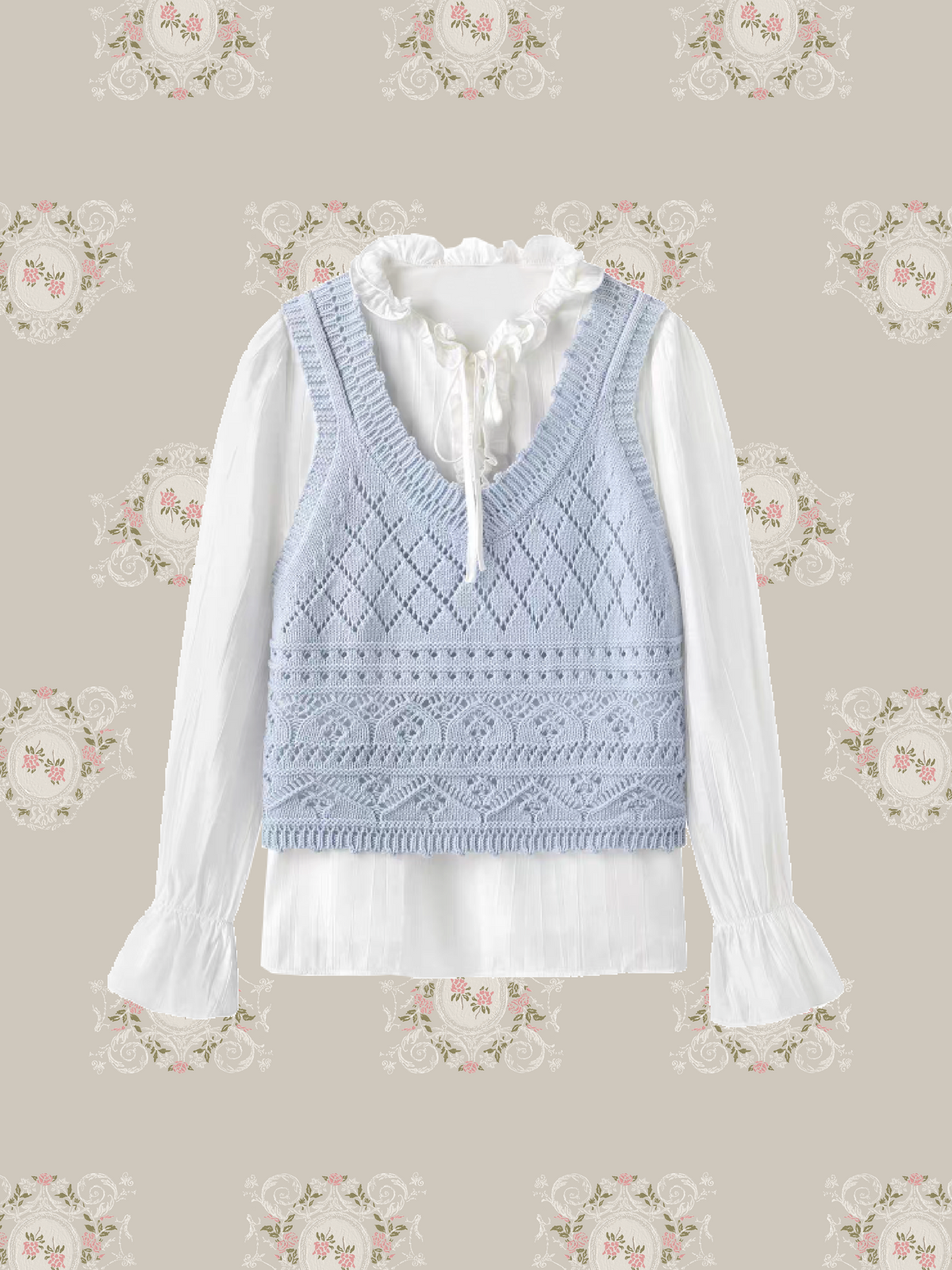 Hollow Knit Vest Ruffled Tie Blouse Set Up/透かし編みニットベストラッフルタイブラウスセットアップ