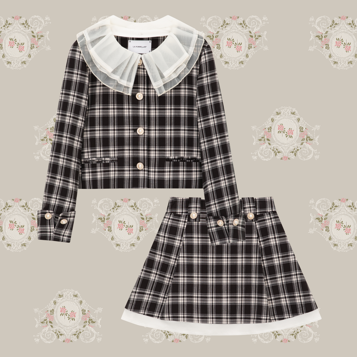 予約商品・Lace Collar Plaid Jacket Set Up/レース襟チェック柄
