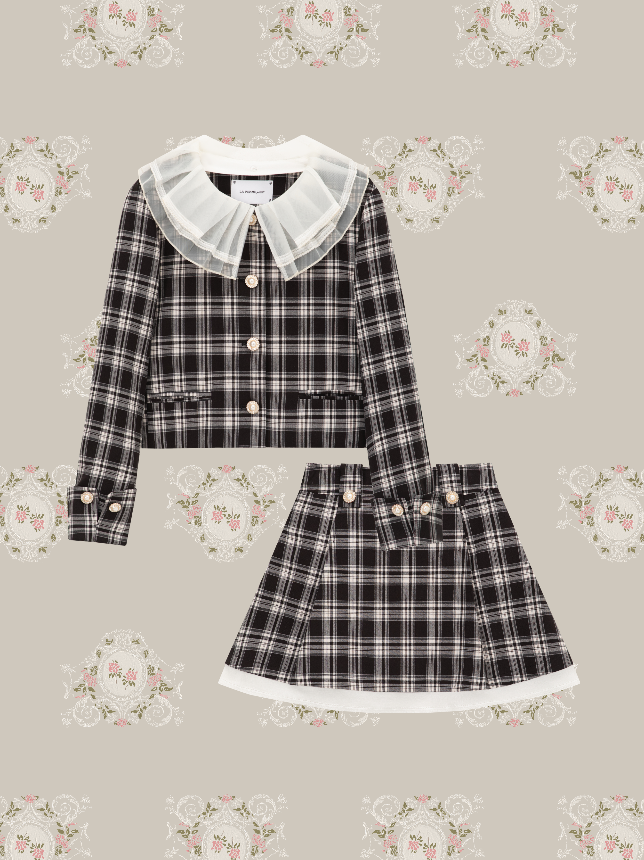 ・予約商品・Lace Collar Plaid Jacket Set Up/レース襟チェック柄ジャケットセットアップ