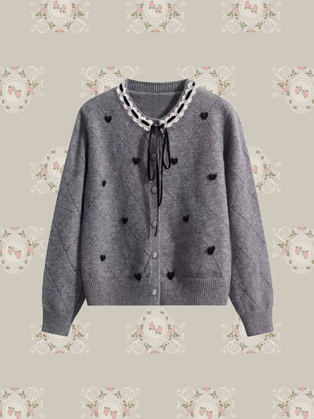 Heart Embroidery Lace Trim Bow Cardigan/ハート刺繍レーストリムリボン付きカーディガン