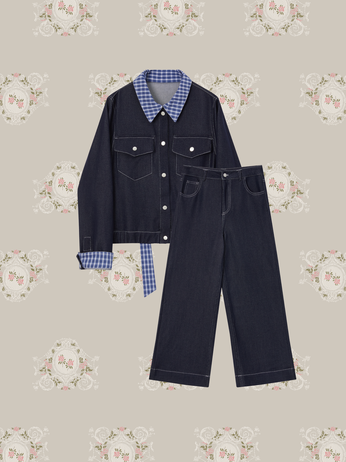Check Stitching Denim Jacket Set Up/チェックステッチデニムジャケットセットアップ