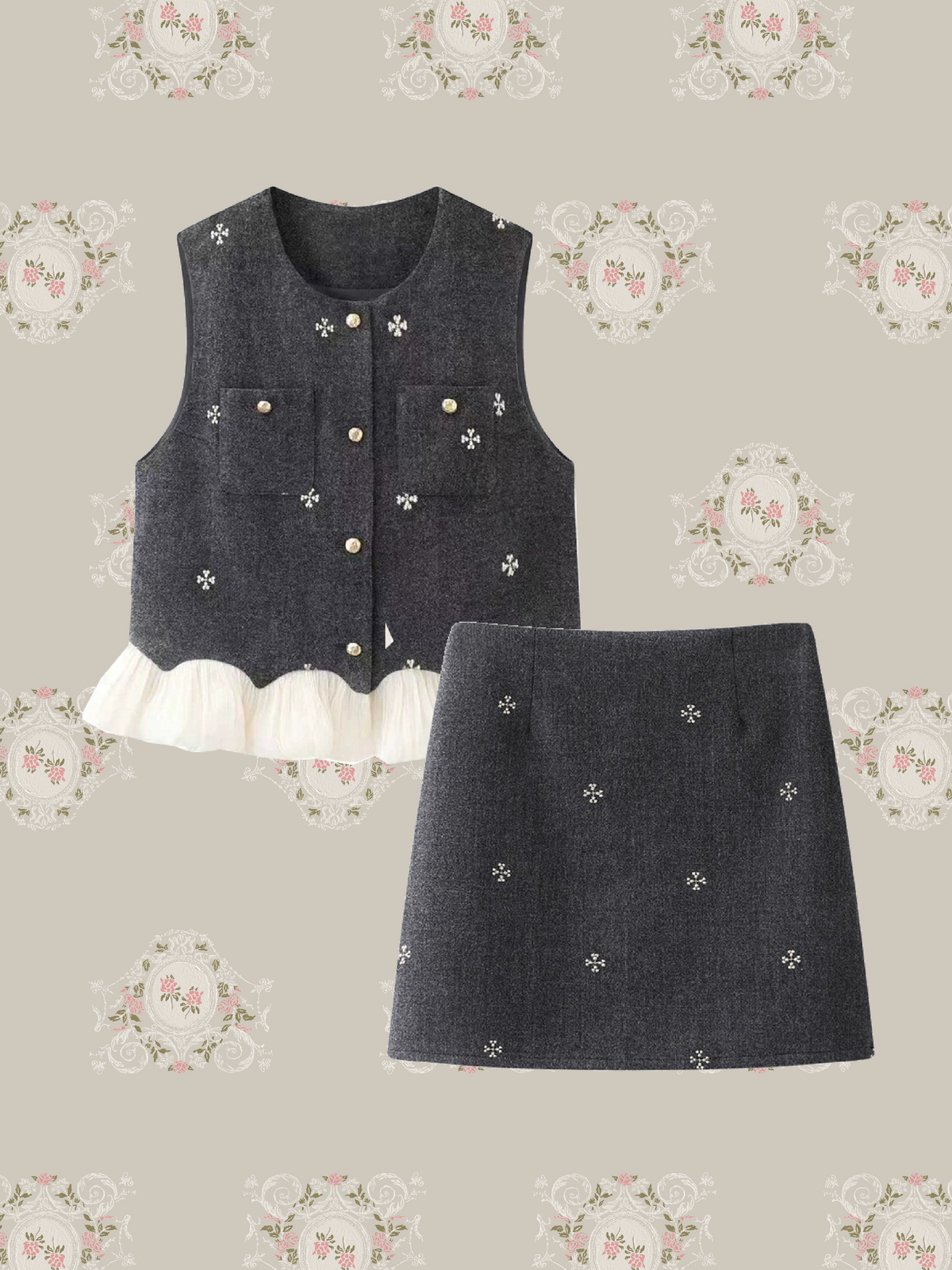 Texture Embroidery Flare Top Short Skirt Set Up/テクスチャー刺繍フレアトップス＆ショートスカートセットアップ