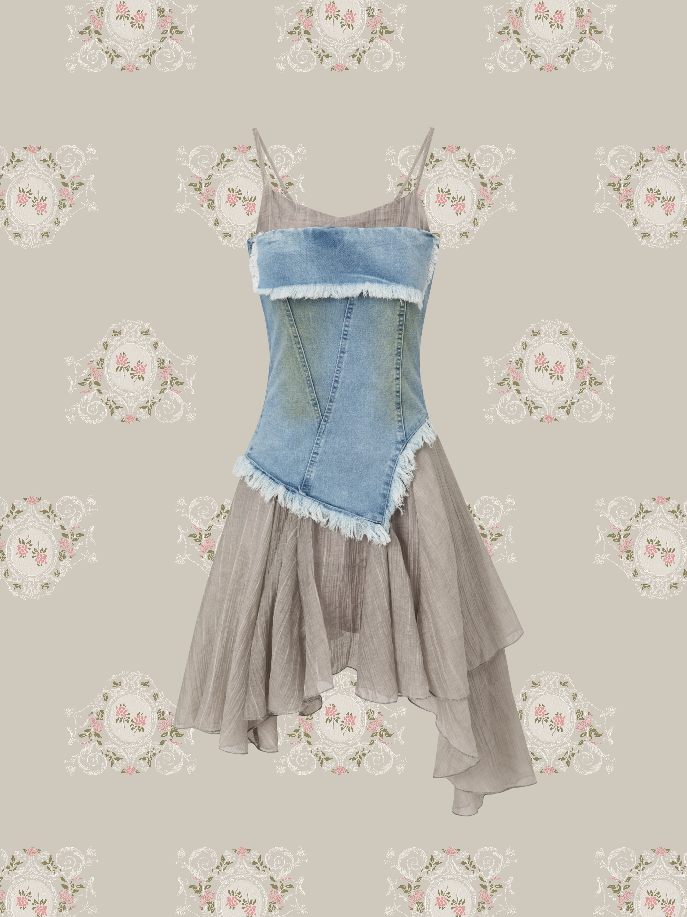 Fringe Denim Corset Mesh Cami Dress Set Up/フリンジデニムコルセットメッシュキャミドレスセット