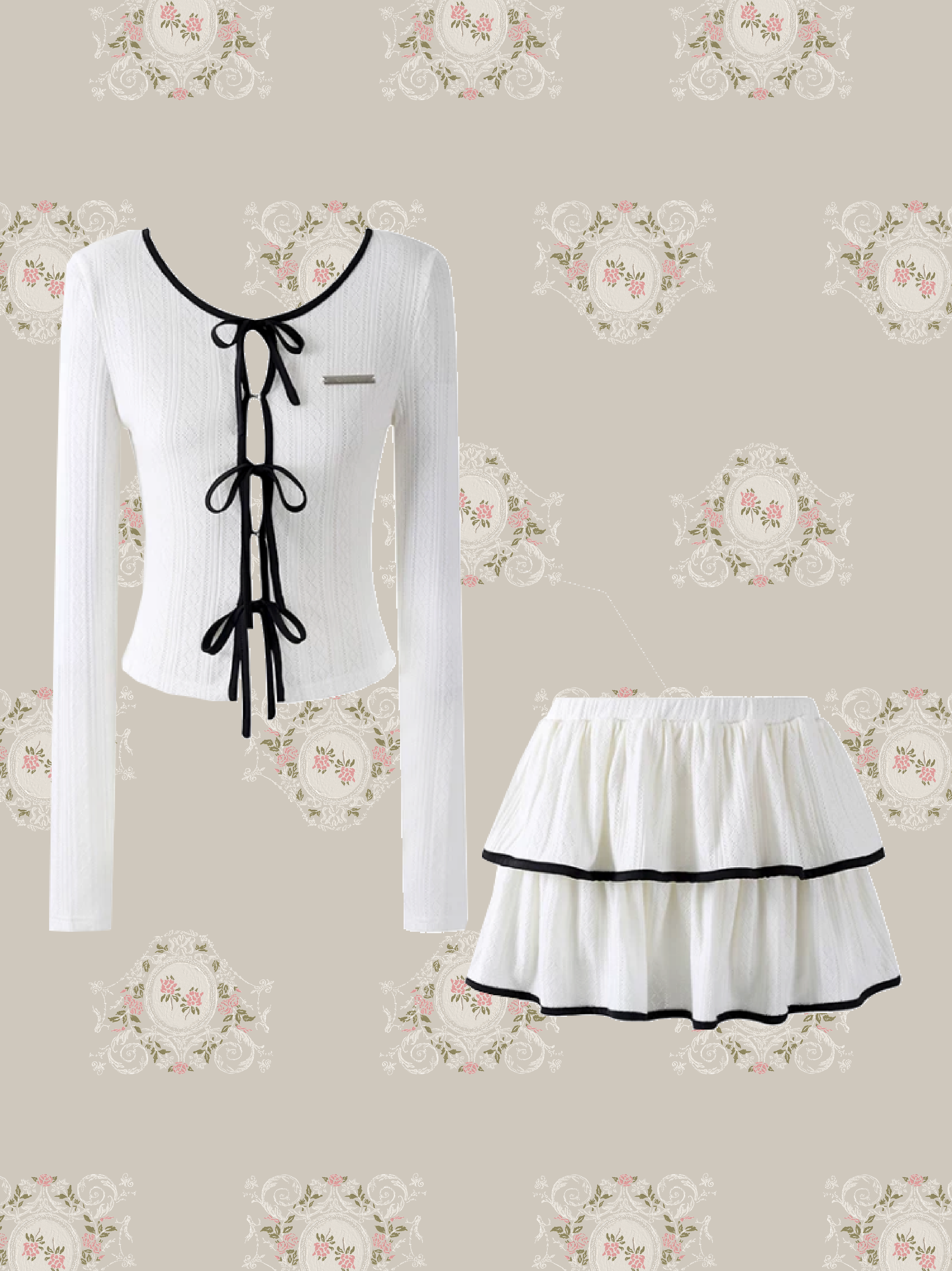 Contrast Color Bow Tie Tiered Skirt Set Up/コントラストカラーリボンティアードスカートセットアップ