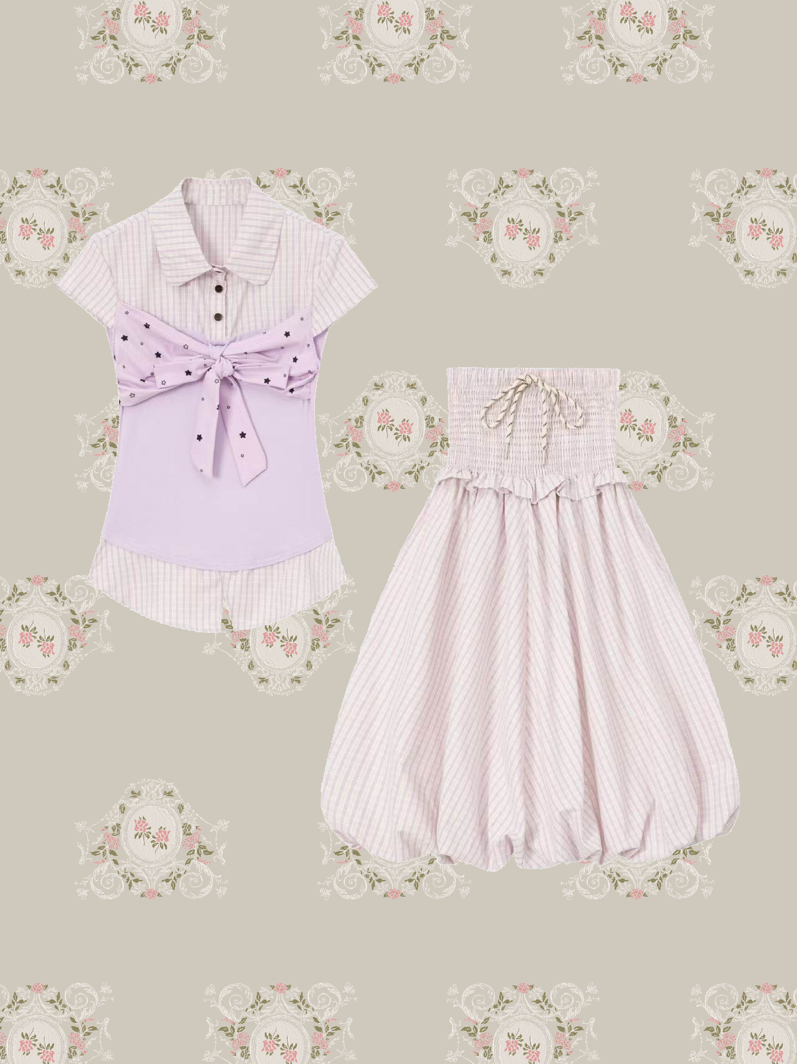 Lavender Bow Top Bubble Skirt Set Up/ラベンダーリボン付きトップスバブルスカートセットアップ