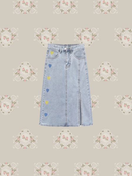 Heart Embroidery Midi Denim Skirt
