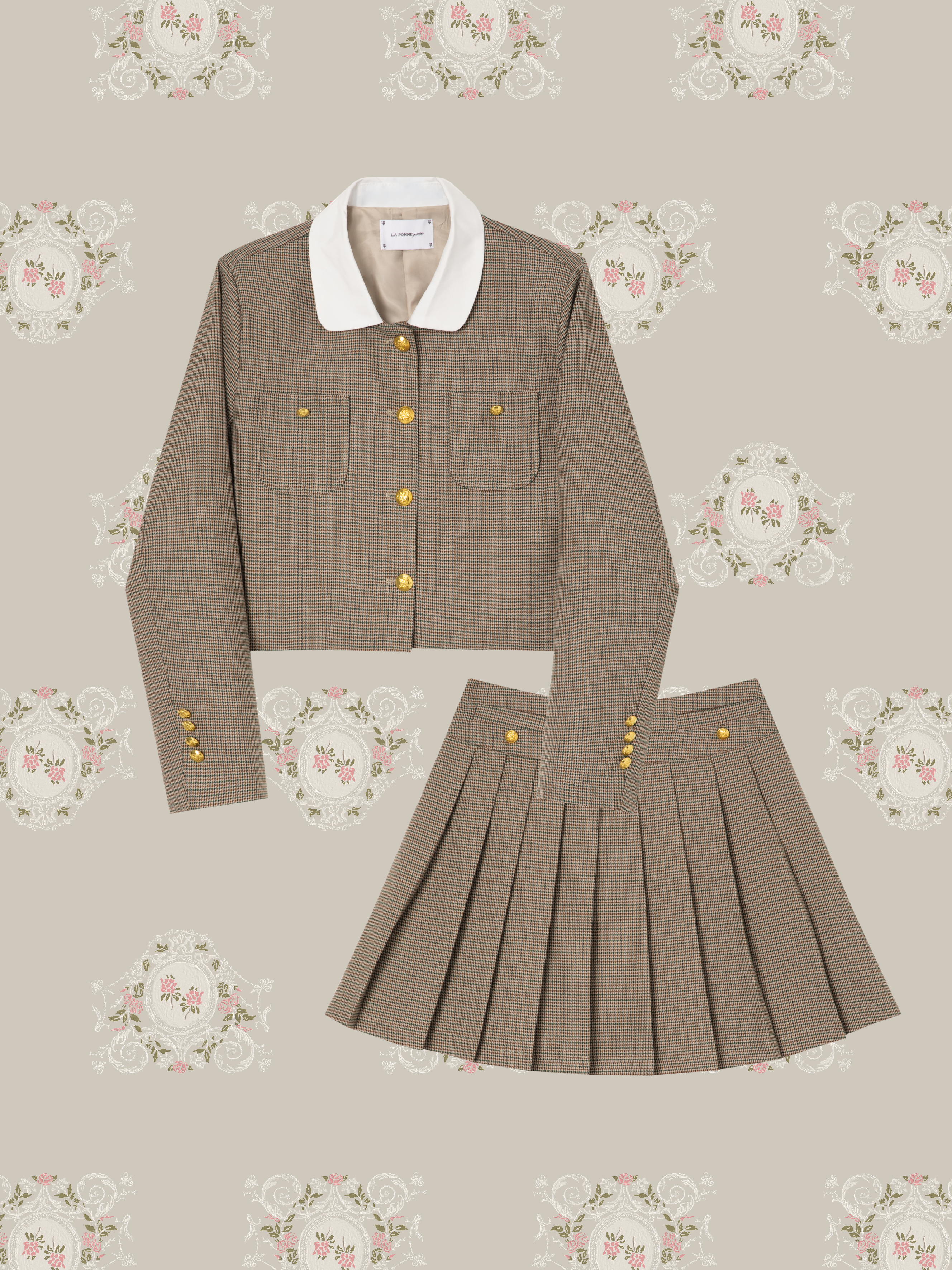 Houndstooth Gold Button Skirt Set-Up