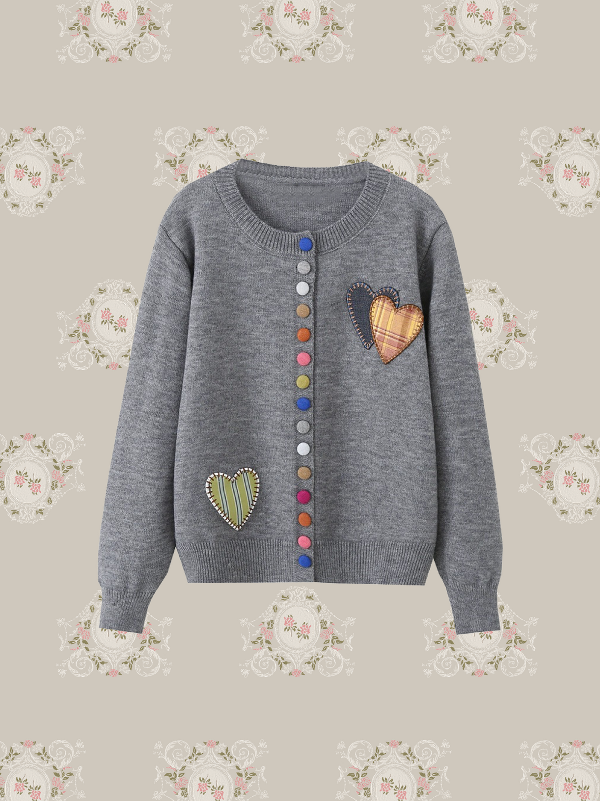 Multi Colored Button Heart Patch Cardigan/マルチカラーハート型ボタンパッチ付きカーディガン