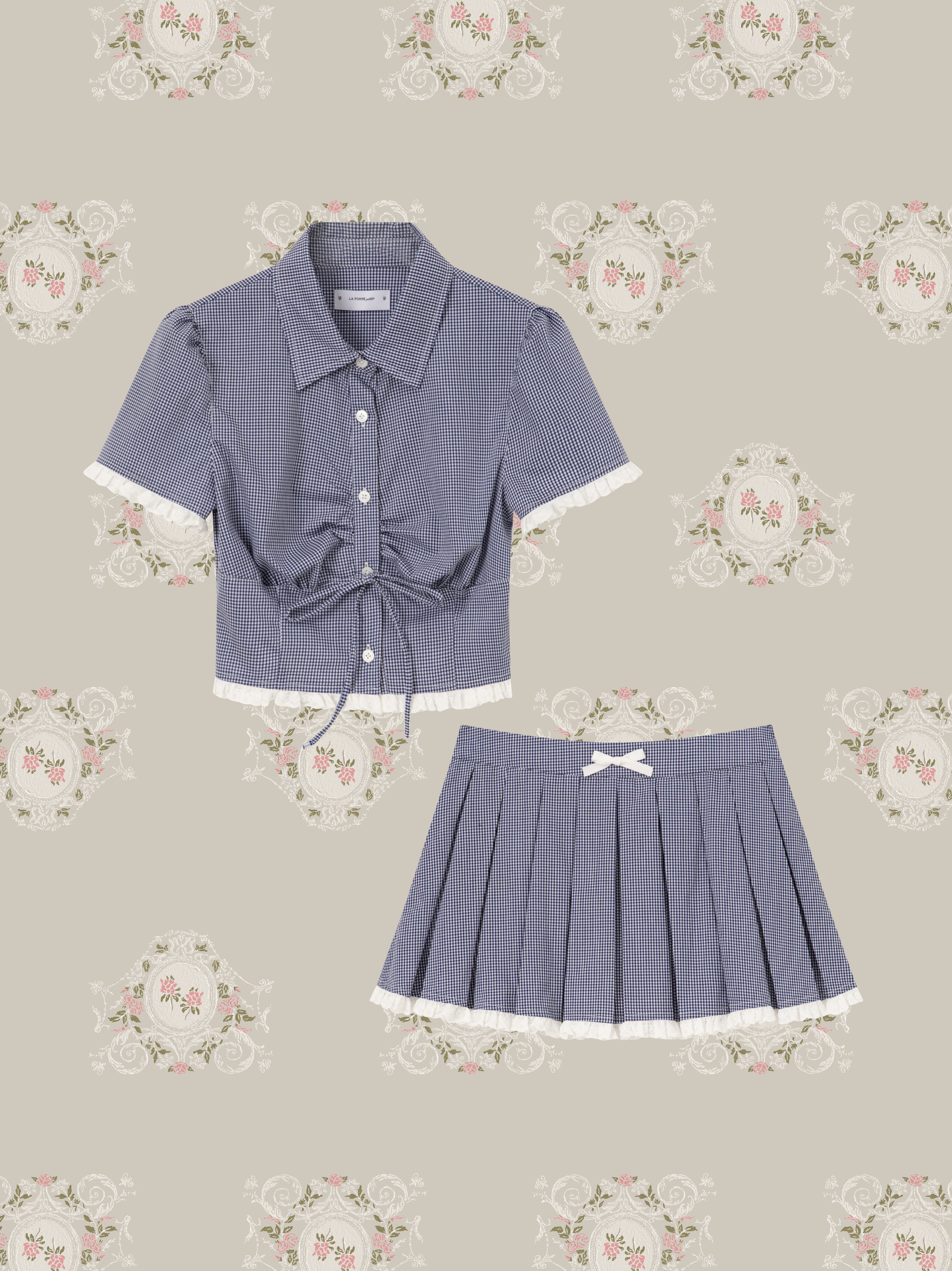 予約商品・Lace Piping Gingham Check Pleats Skirt Set Up/レースパイピング ギンガムチェックプリーツスカートセットアップ