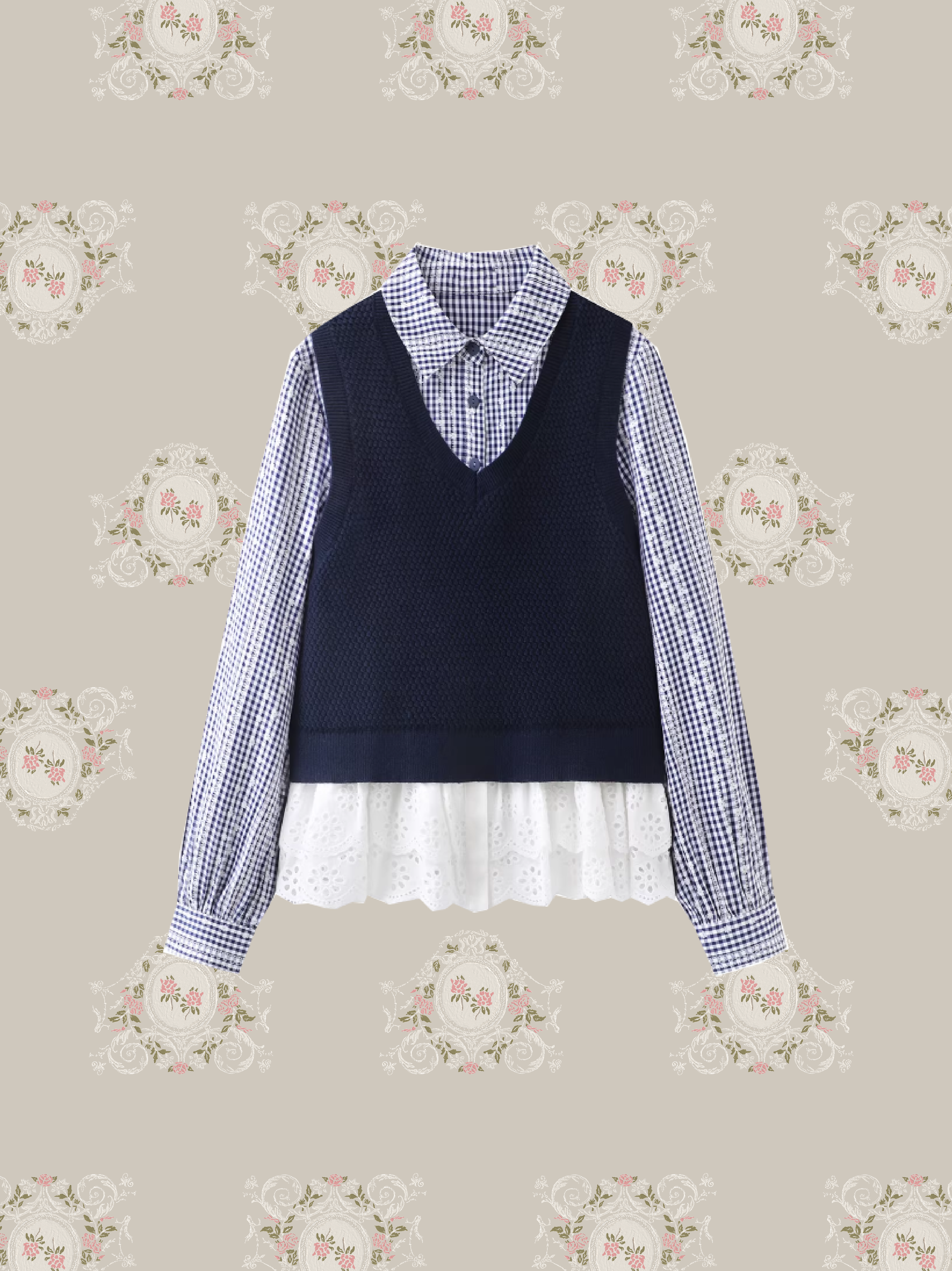 Emboss Floral Frill Shirt Vest Set Up/エンボスフローラルフリルシャツベストセットアップ