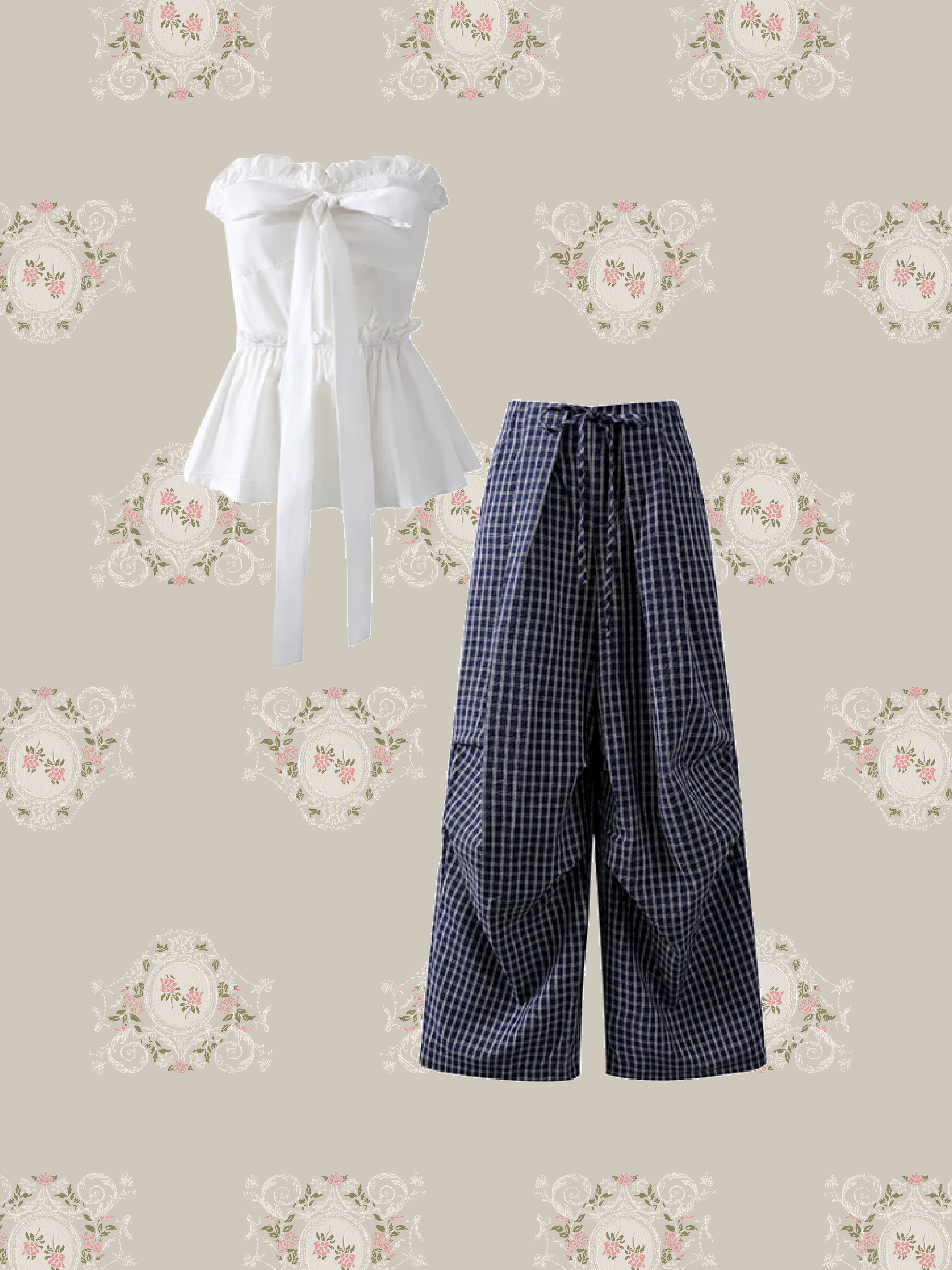 Ruffle Strapless Top Checkered Pants Set Up/フリル付きストラップレストップスチェック柄パンツセットアップ