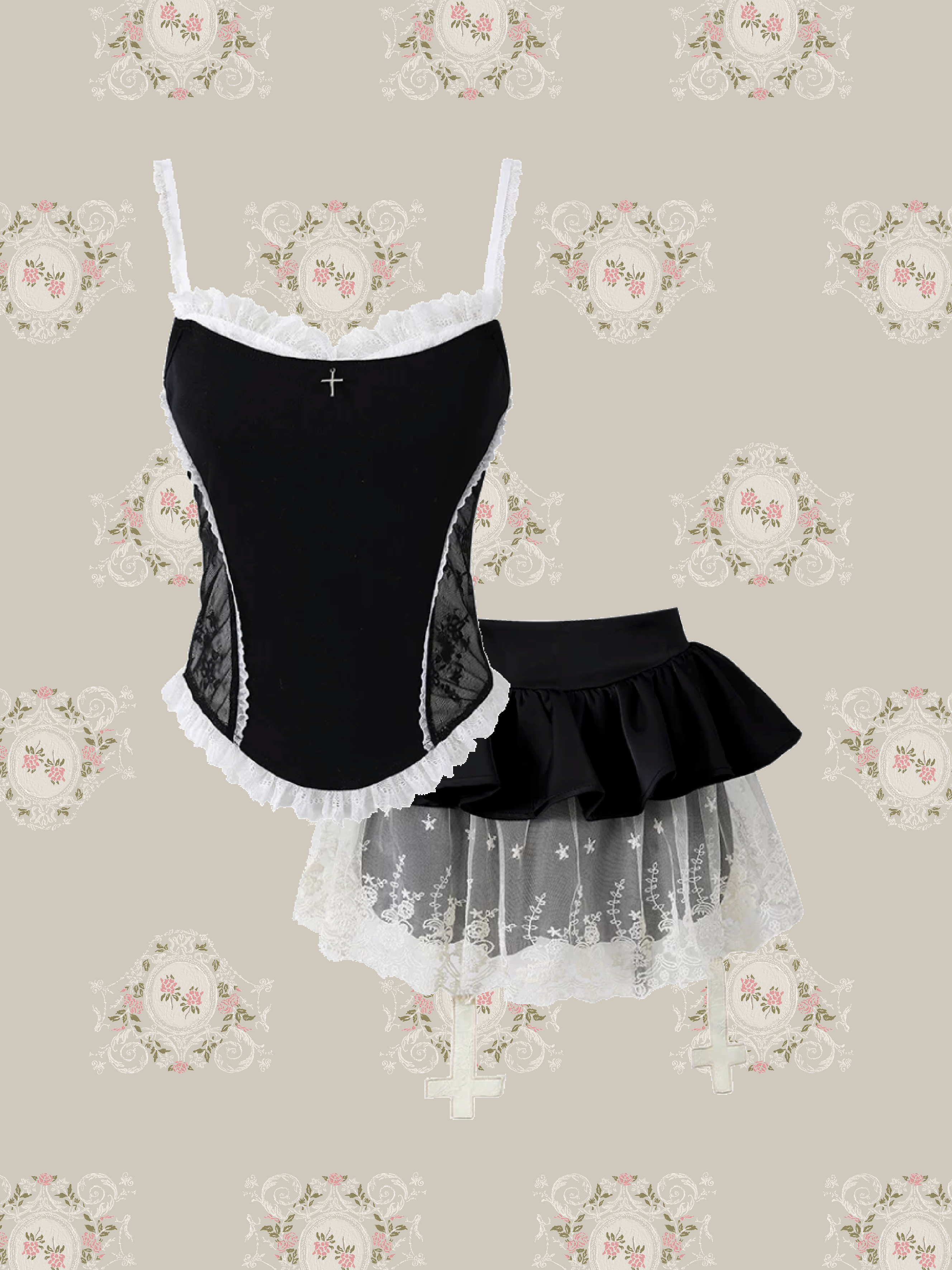 Monochrome Lace Patch Cross Cami Tiered Ruffle Skirt Set Up/モノトーンレースパッチクロスキャミティアードフリルスカートセットアップ