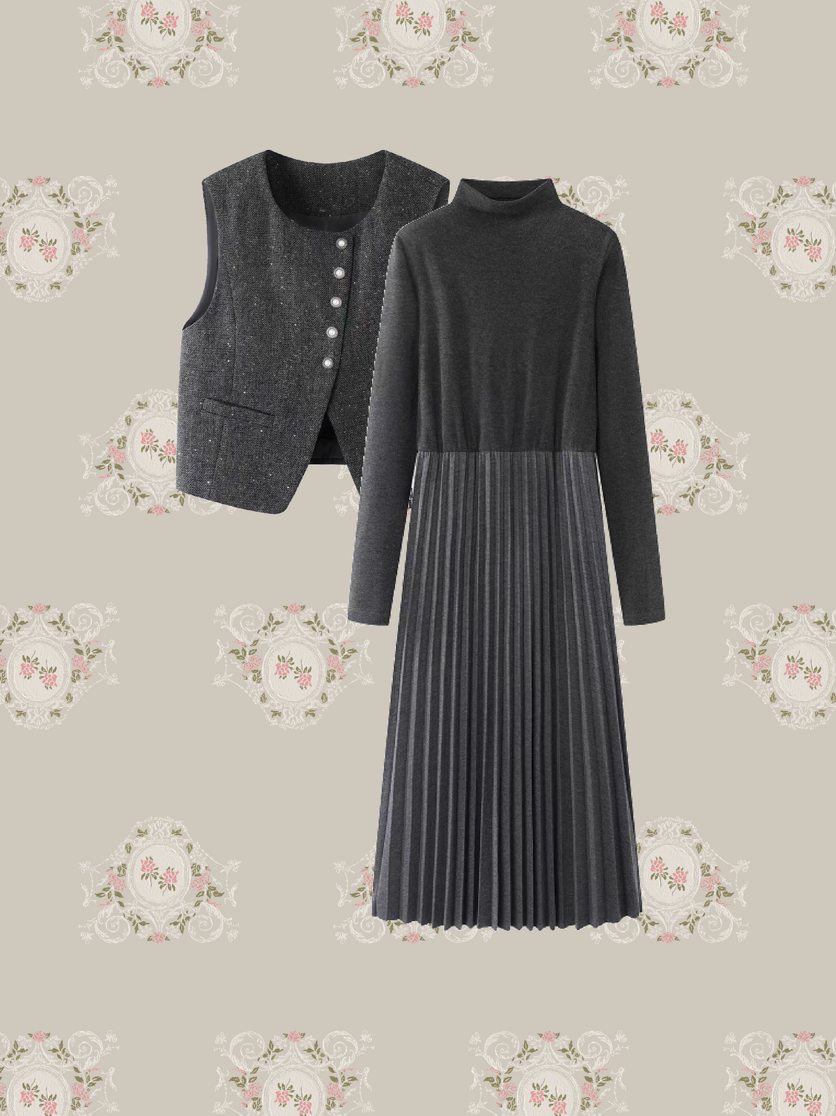 Sparkle Tweed Vest High Neck Pleated Knit Dress Set Up/ラメツイードベストハイネックプリーツニットワンピースセットアップ