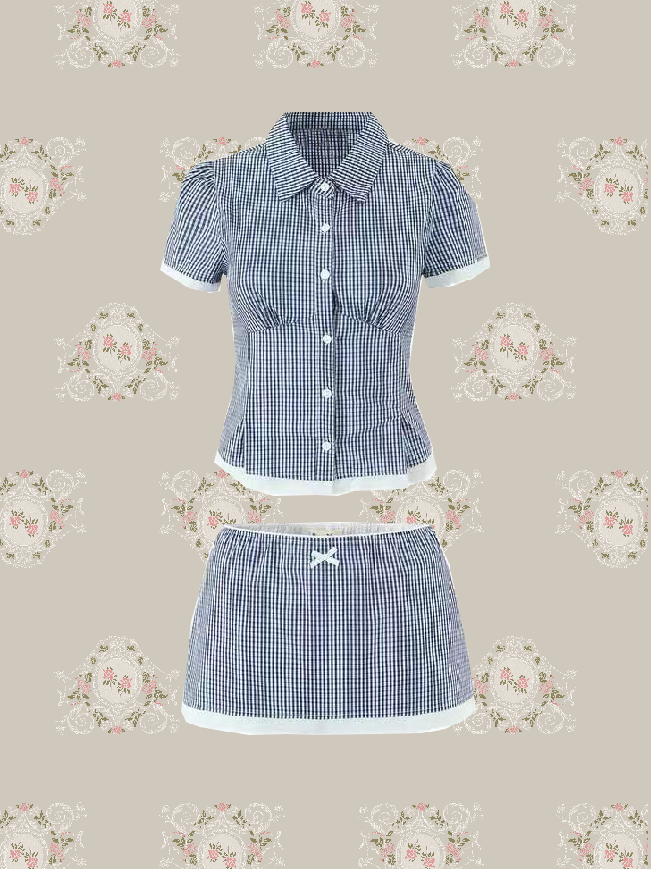 Sweet Plaid Lace Piping Shirt Set Up/スウィートチェック柄レースパイピングシャツセットアップ