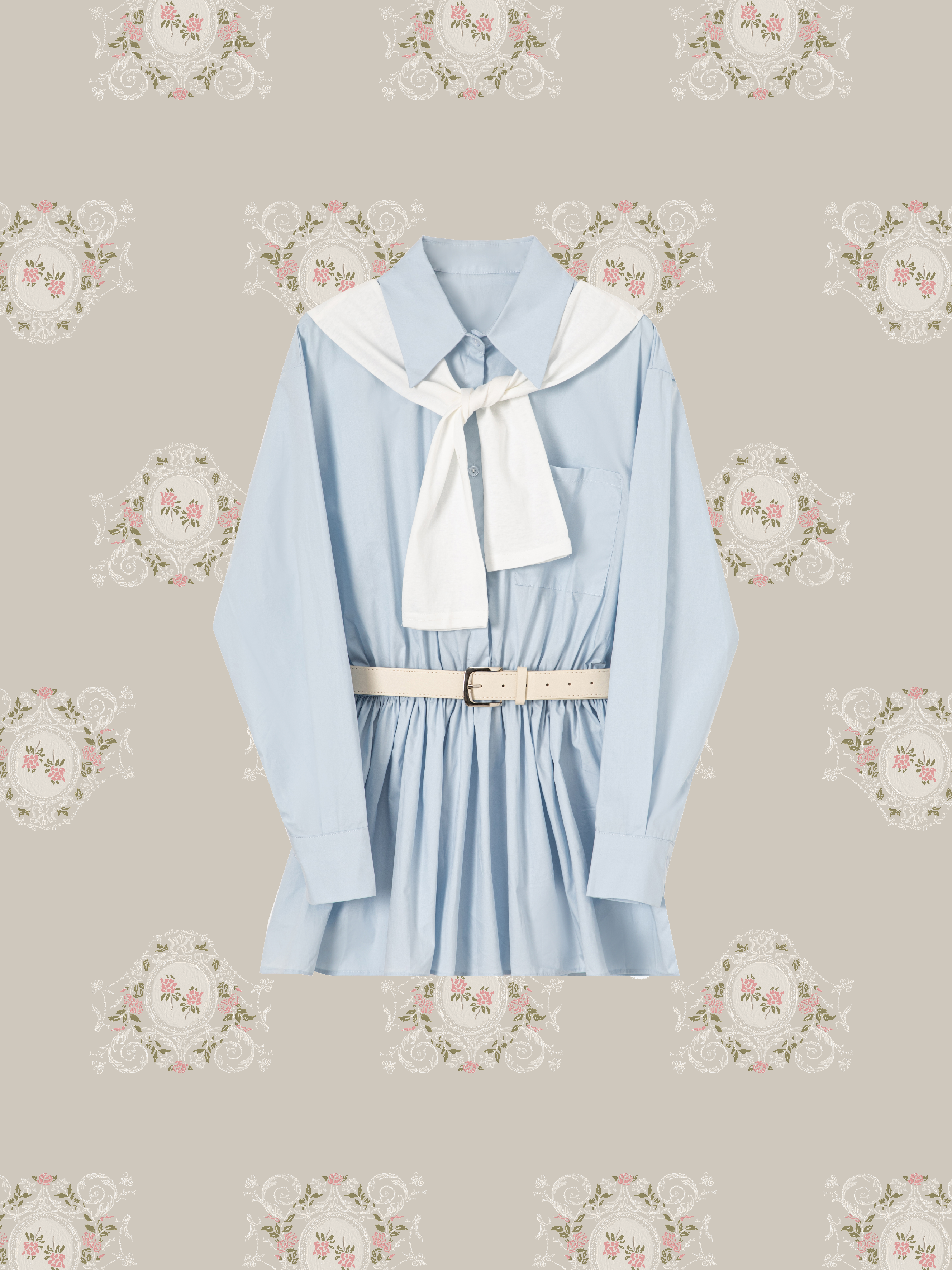 Belted Shirt One Piece With Shawl/ベルトシャツワンピースショール付き