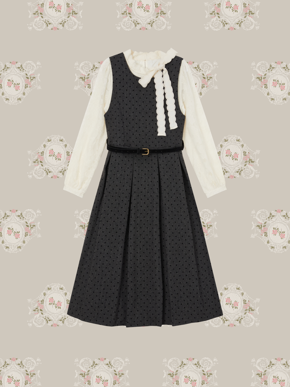 Polka Dot Dress Lace Bow Blouse Set Up/ドット柄ワンピース＆レースリボンブラウスセットアップ