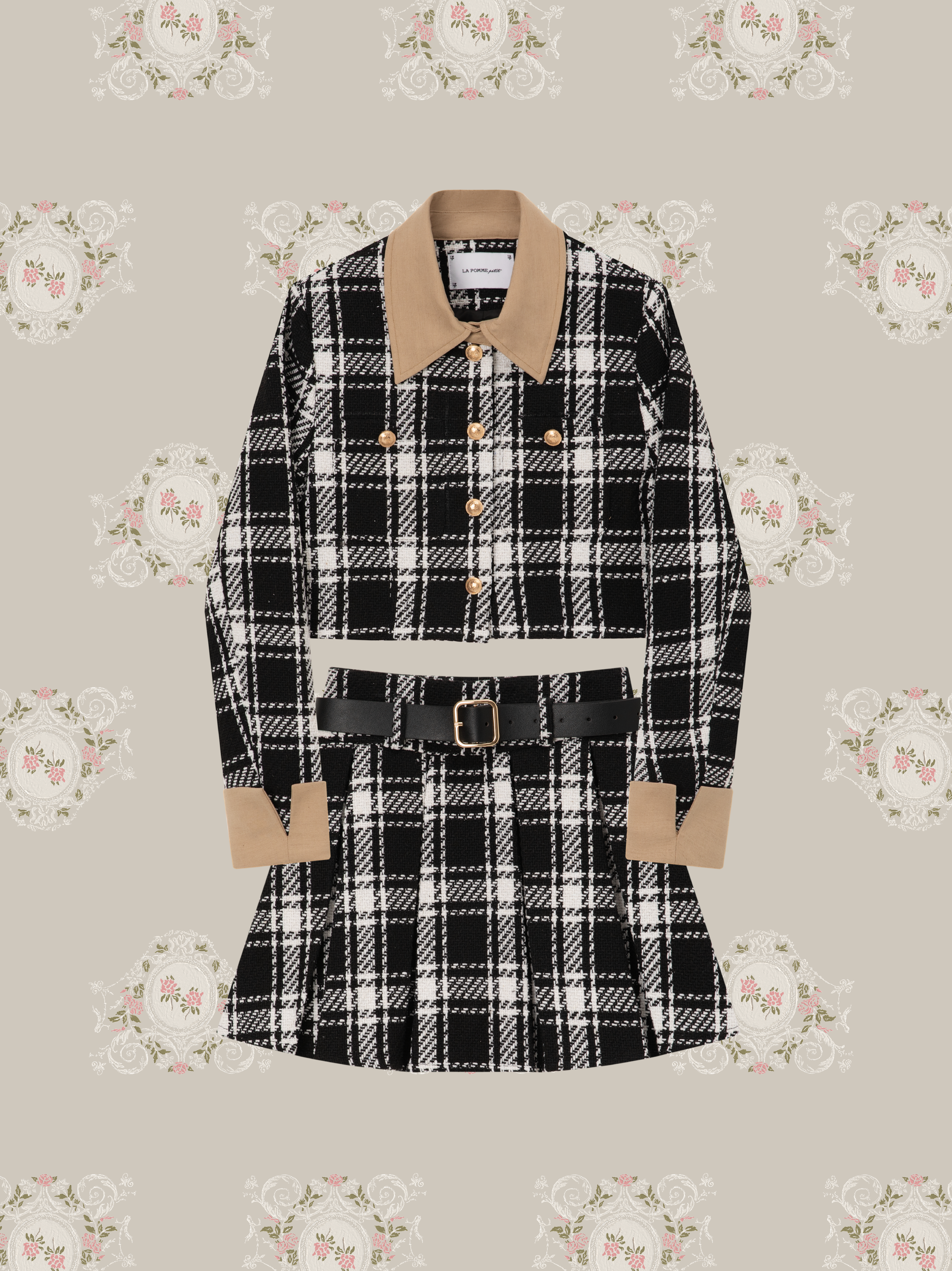 ・予約商品・Contrast Collar Plaid Patchwork Jacket Set Up/コントラストカラーチェック柄パッチワークジャケットセットアップ