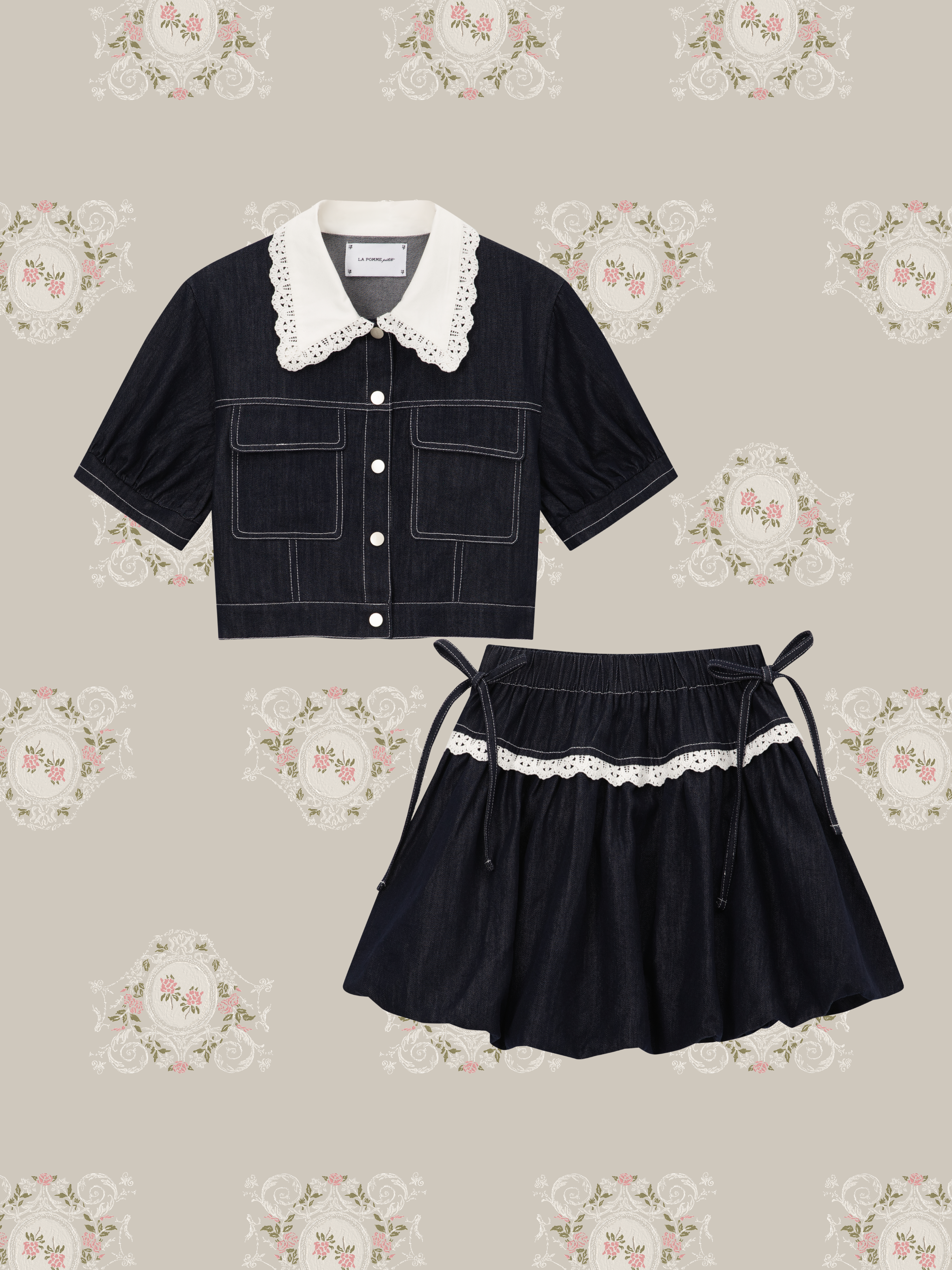 ・予約商品・Sweet Lace Collar Flare Denim Skirt Set Up/スウィートレースカラーフレアデニムスカートセットアップ