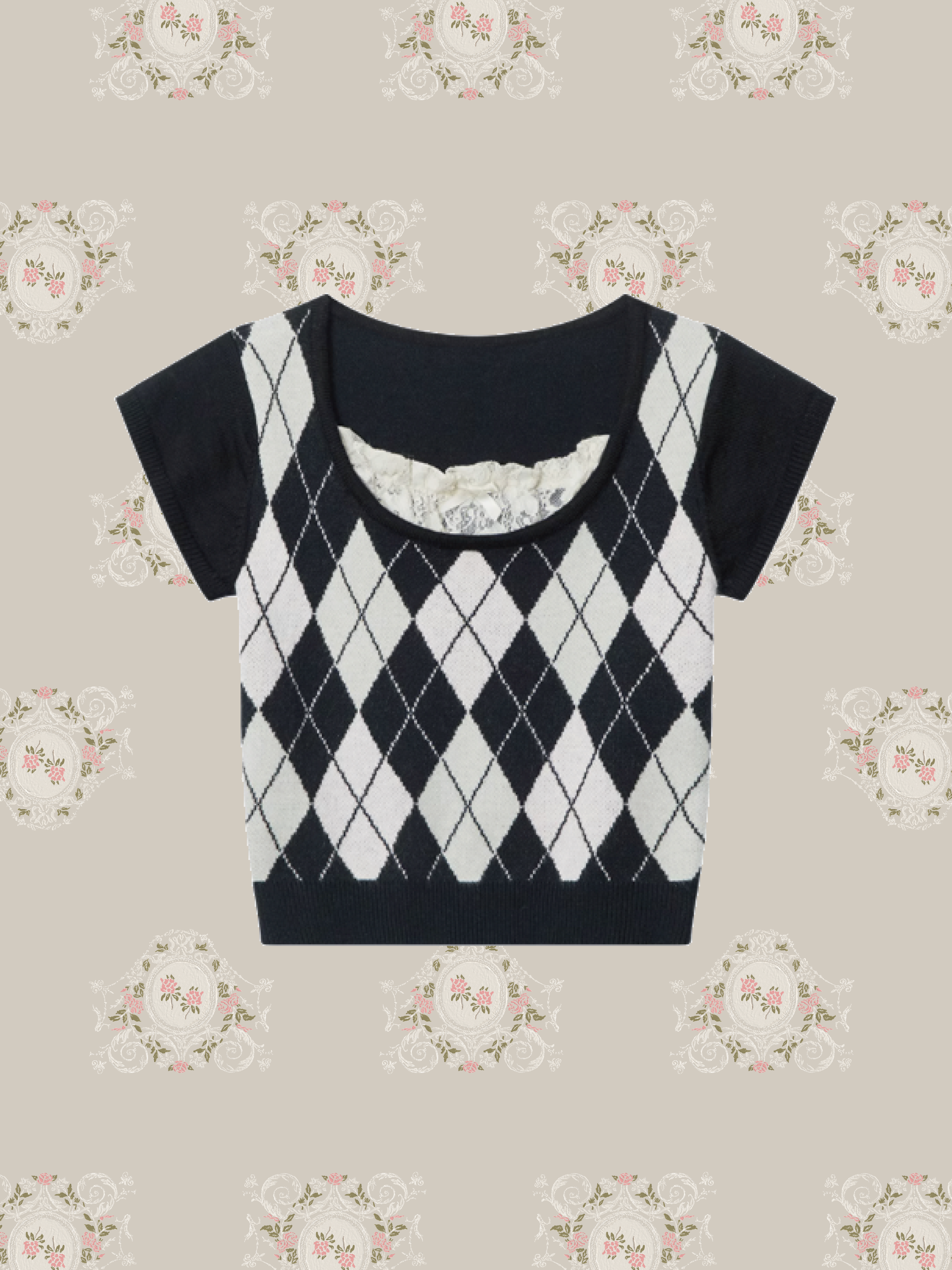 Lace Stiched Argyle Top/レースステッチアーガイルトップス
