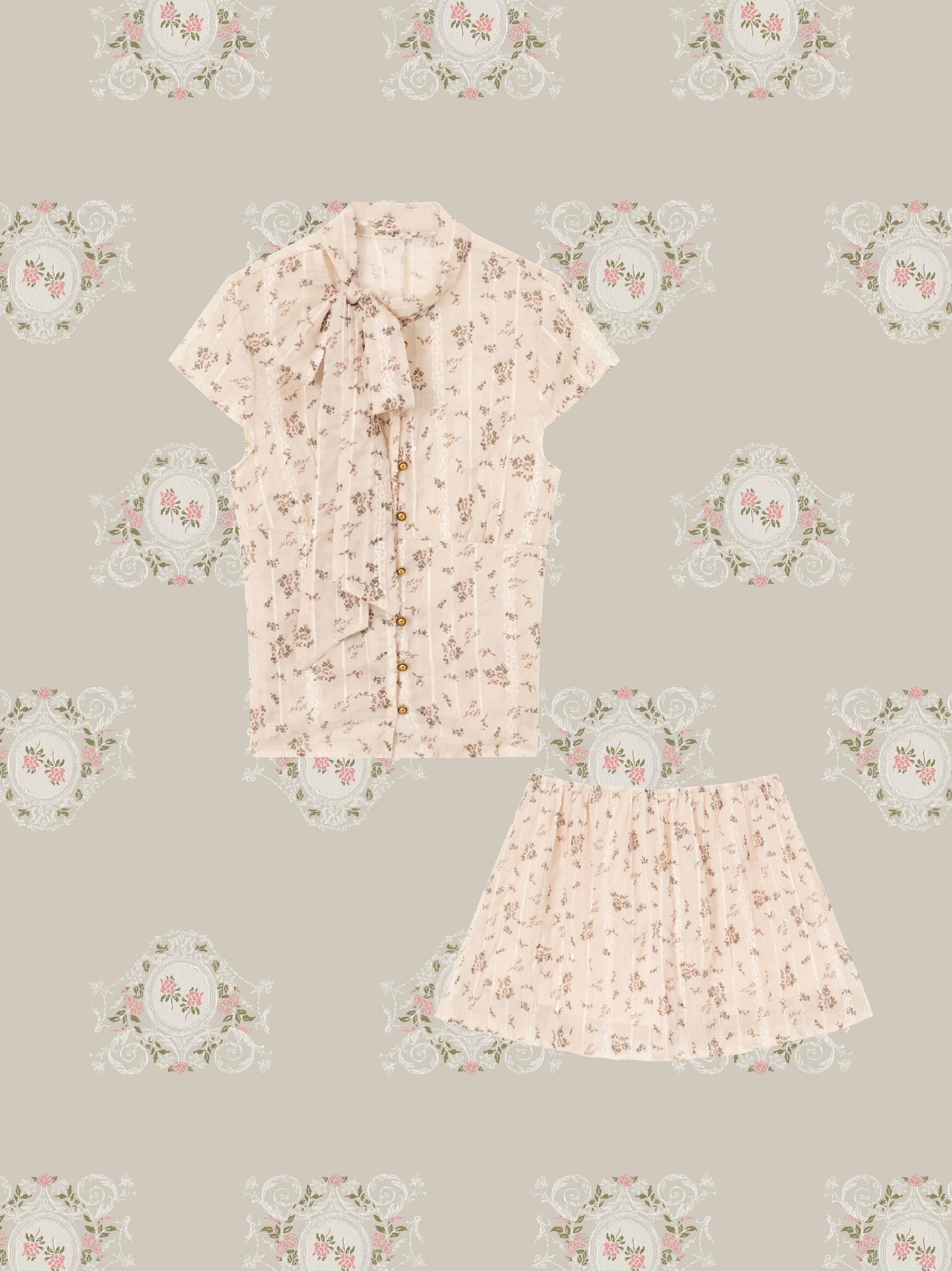 Bow Tie Vintage Floral Blouse Set Up/ボウタイ付きヴィンテージ花柄ブラウスセットアップ