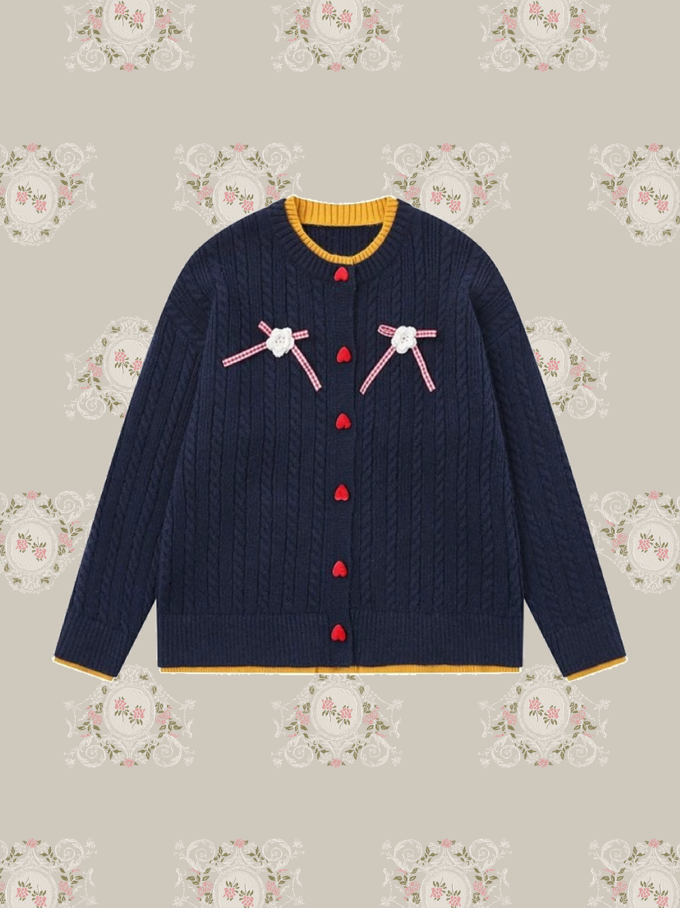Cute Ribbon Heart Button Rib Cardigan/キュートリボンハートボタンリブカーディガン