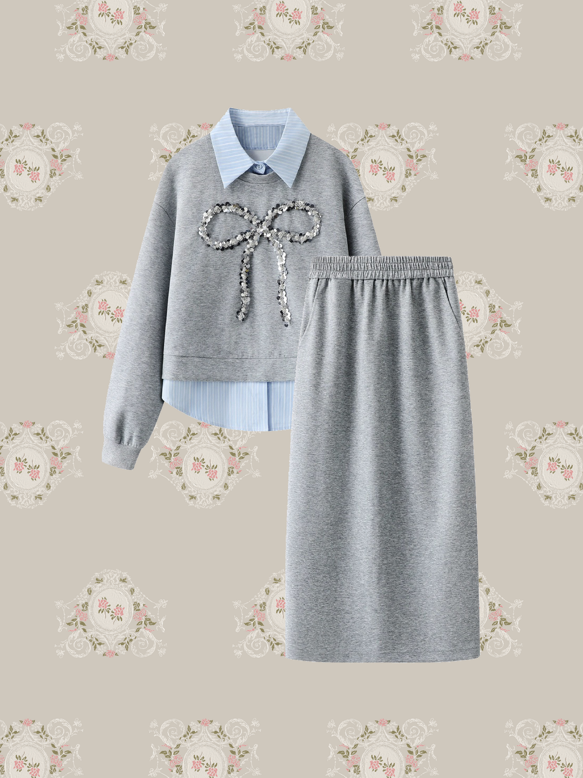 Sequin Bow Fake Two Sweatshirt Set Up/スパンコールリボンフェイクレイヤードスウェットセットアップ