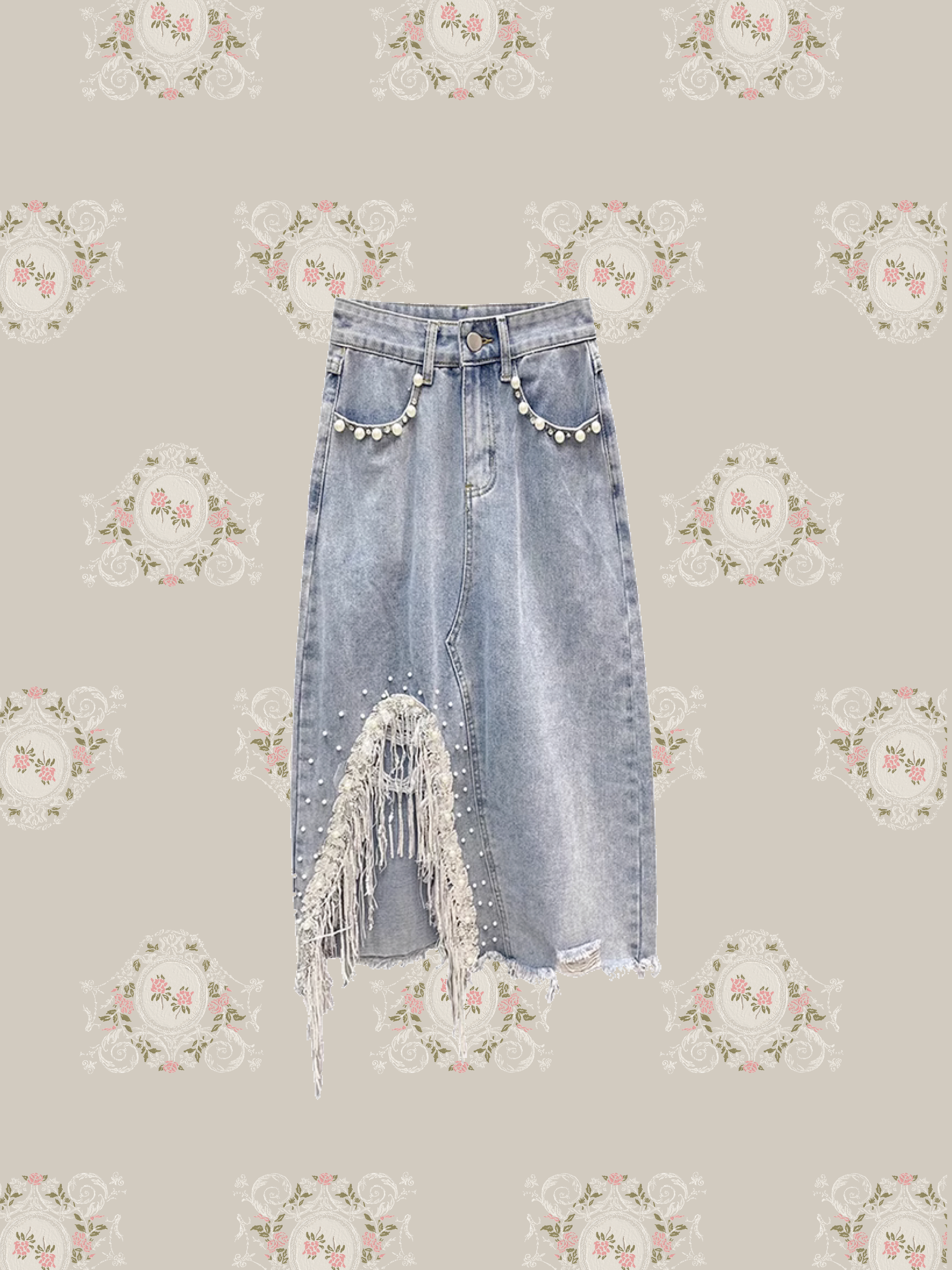 Pearl Deco Broken Design Denim Skirt  パールデコブロークンデザインデニムスカート