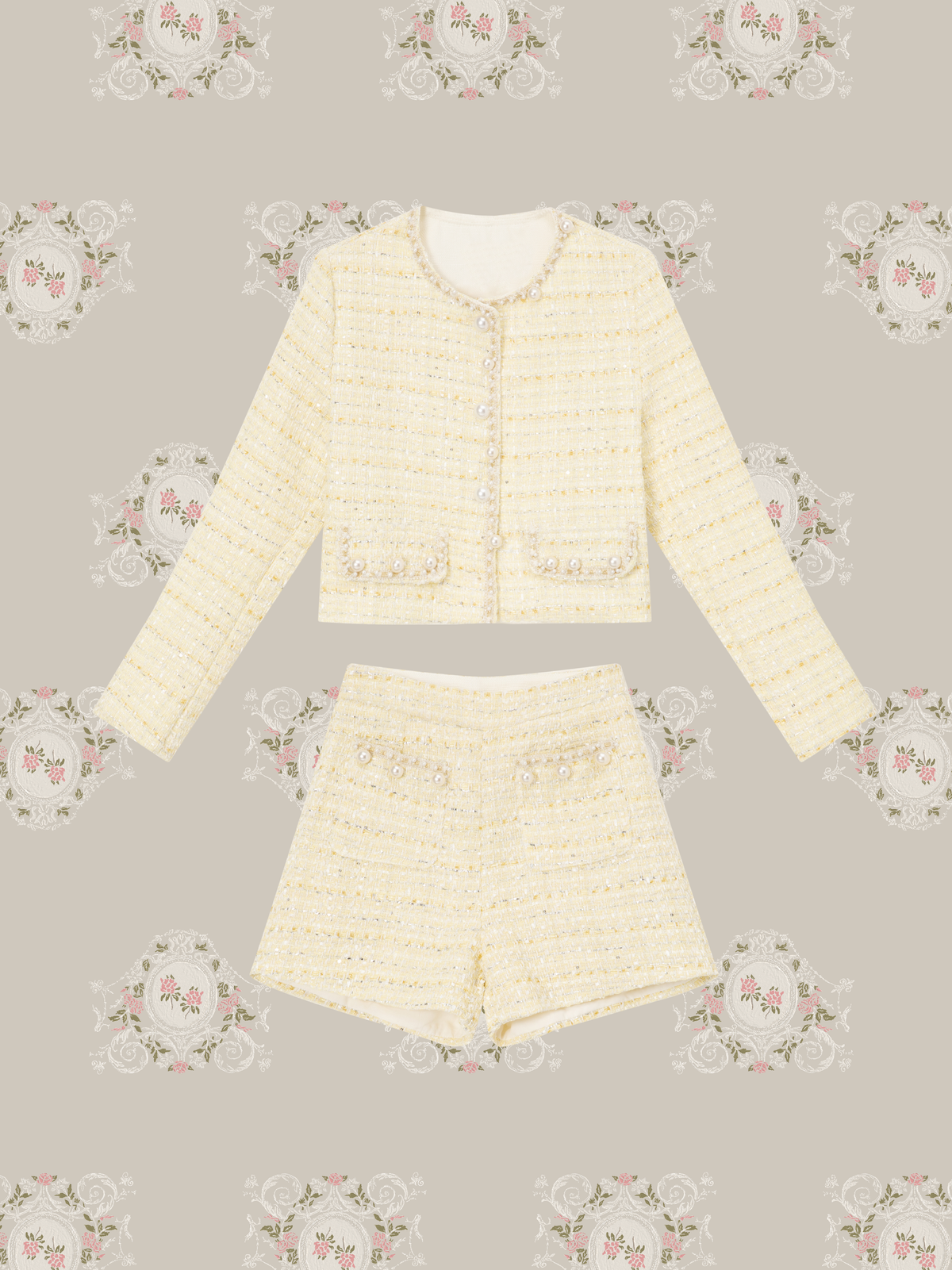 Pale Yellow Pearl Tweed Jacket Short Pants Set Up/ペールイエローパール付きツイードジャケットショートパンツセットアップ