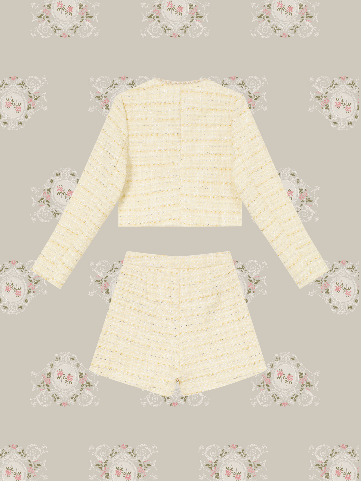 Pale Yellow Pearl Tweed Jacket Short Pants Set Up/ペールイエローパール付きツイードジャケットショートパンツセットアップ