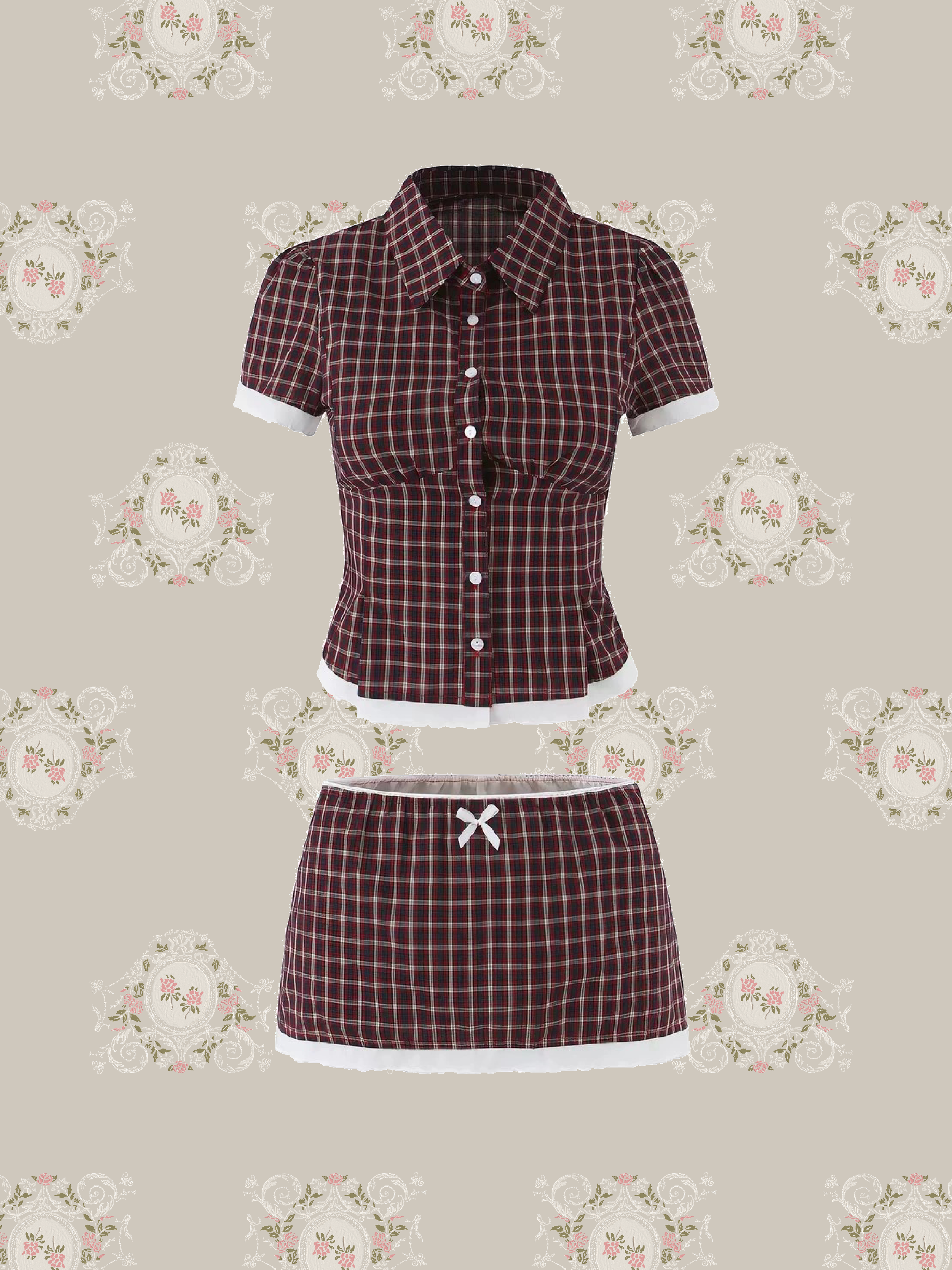 Sweet Plaid Lace Piping Shirt Set Up/スウィートチェック柄レースパイピングシャツセットアップ