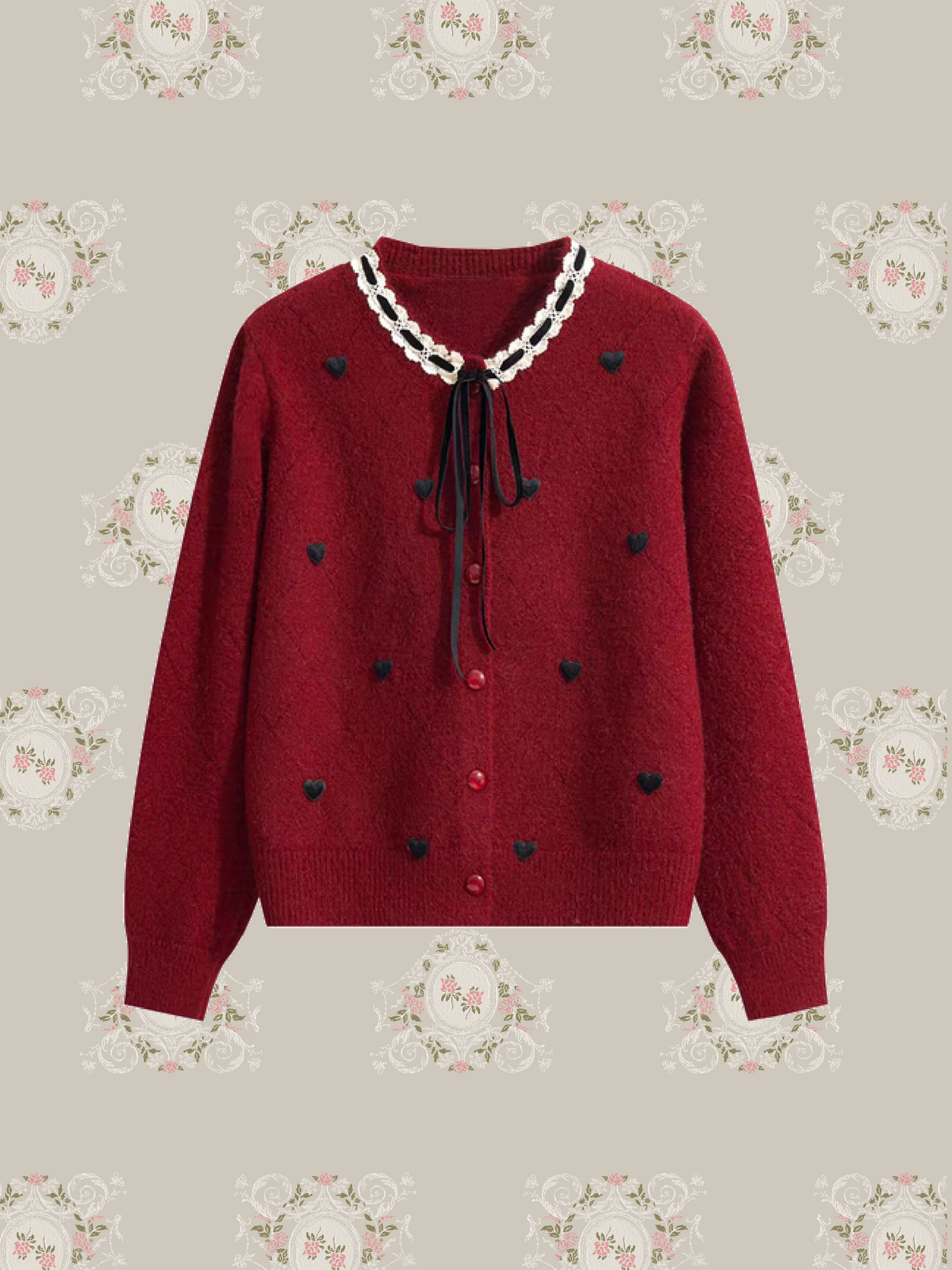 Heart Embroidery Lace Trim Bow Cardigan/ハート刺繍レーストリムリボン付きカーディガン