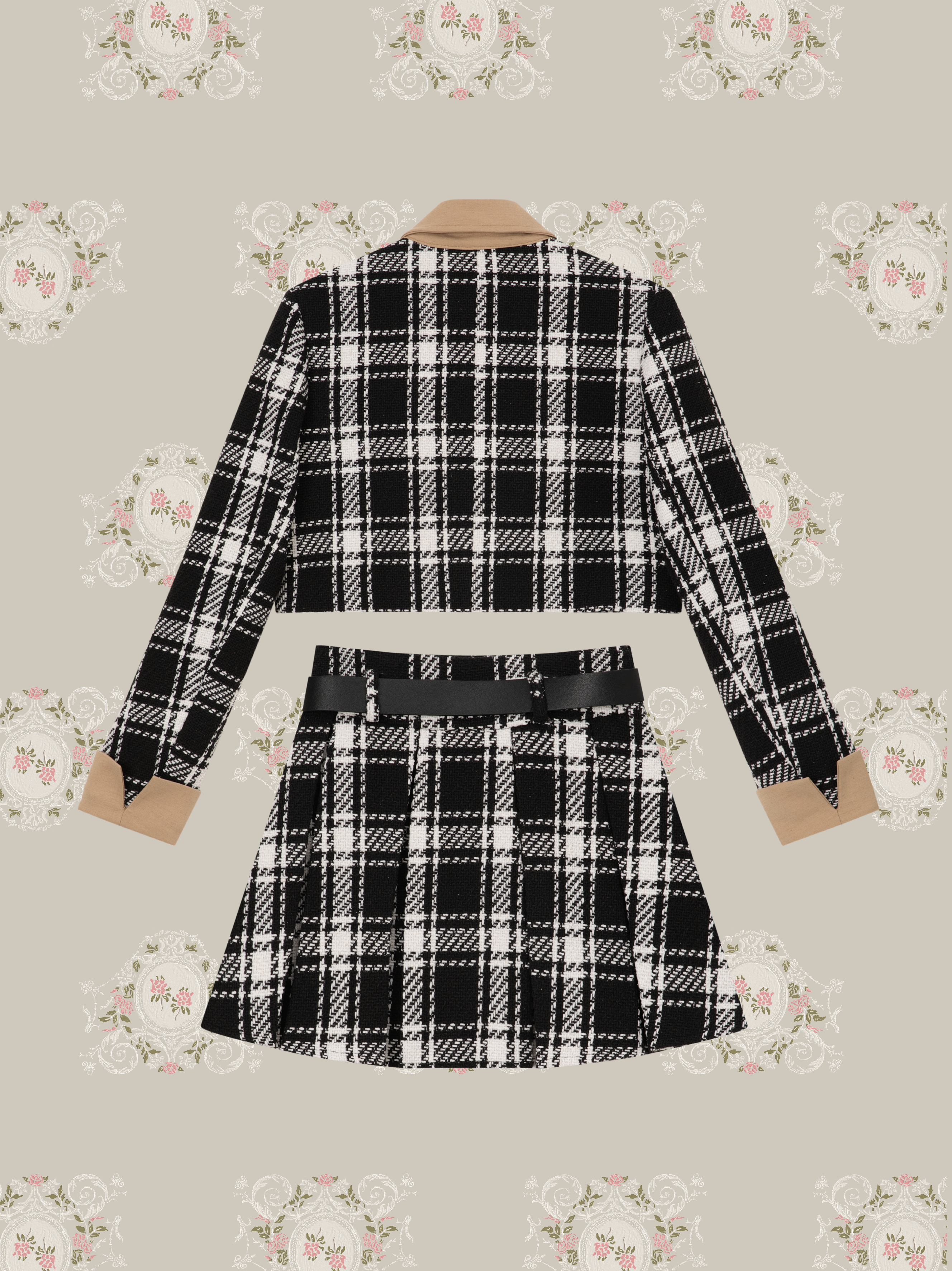 ・予約商品・Contrast Collar Plaid Patchwork Jacket Set Up/コントラストカラーチェック柄パッチワークジャケットセットアップ