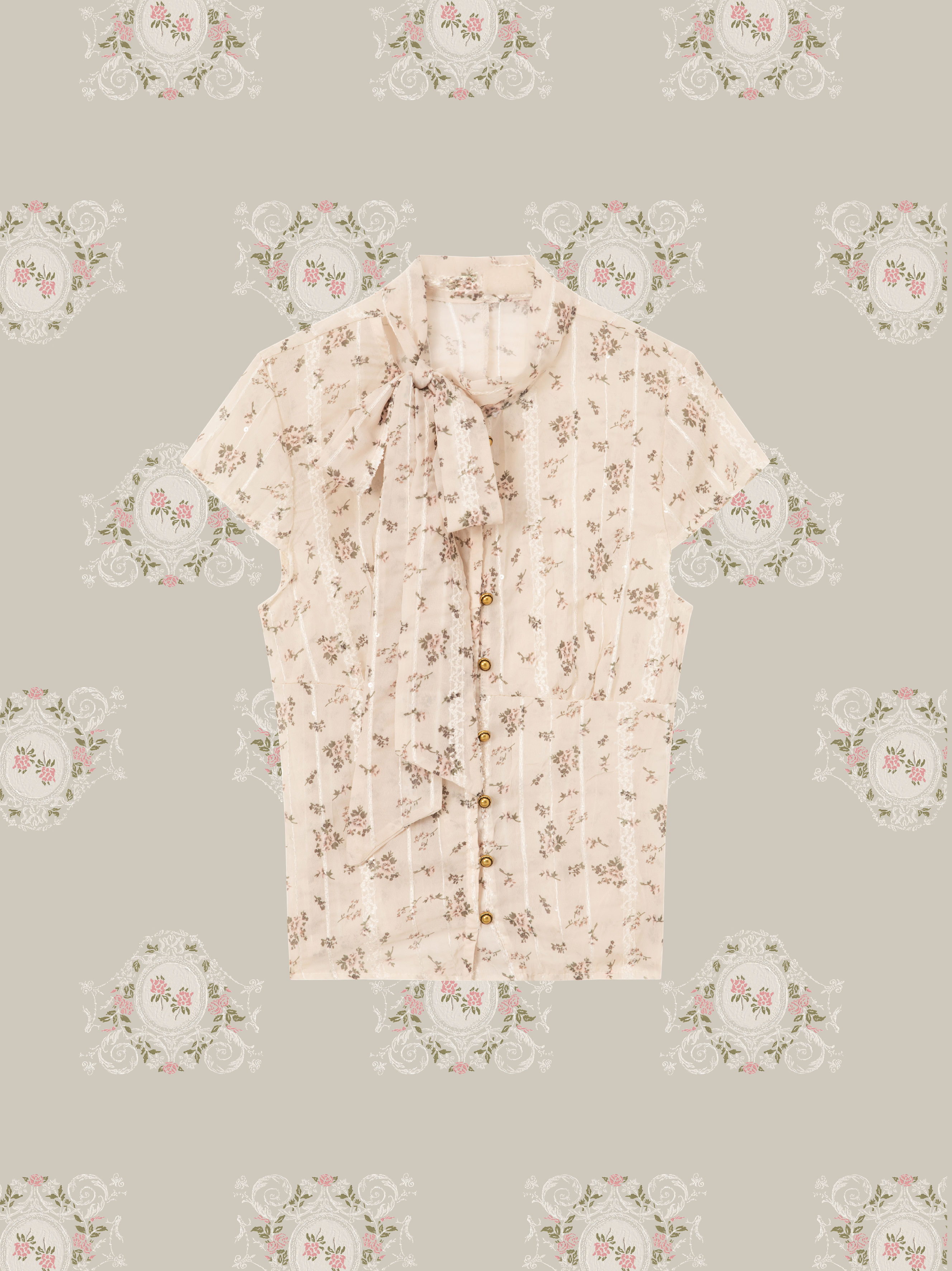 Bow Tie Vintage Floral Blouse Set Up/ボウタイ付きヴィンテージ花柄ブラウスセットアップ