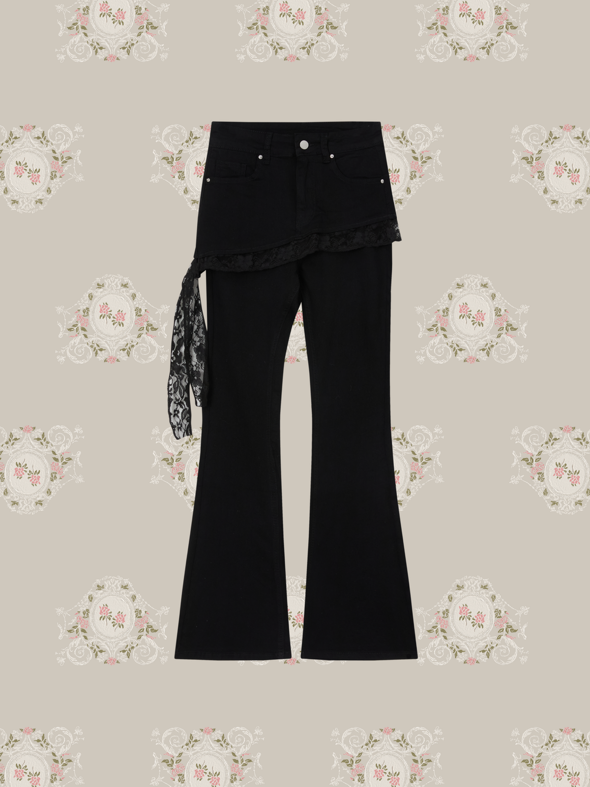 Layer Wrap Skirt Lace Flare Denim Pants/レイヤードラップスカート付きレースフレアデニムパンツ