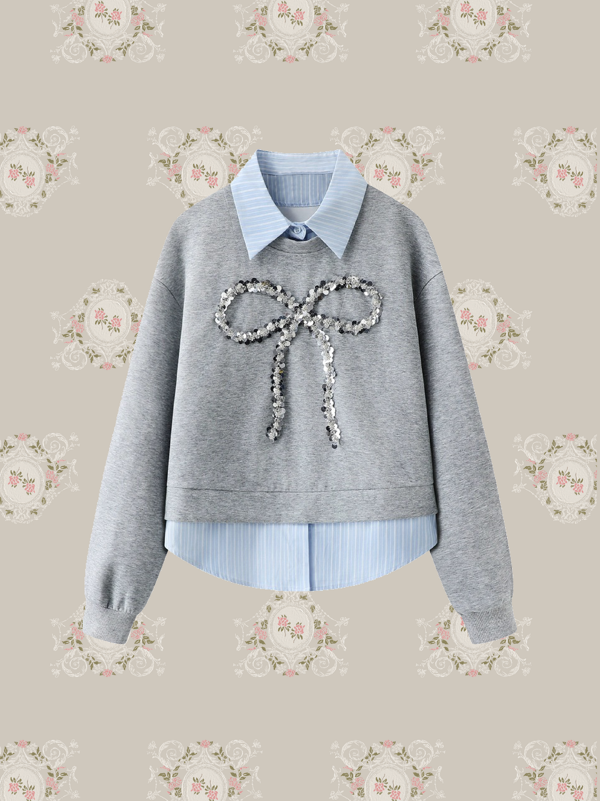 Sequin Bow Fake Two Sweatshirt Set Up/スパンコールリボンフェイクレイヤードスウェットセットアップ