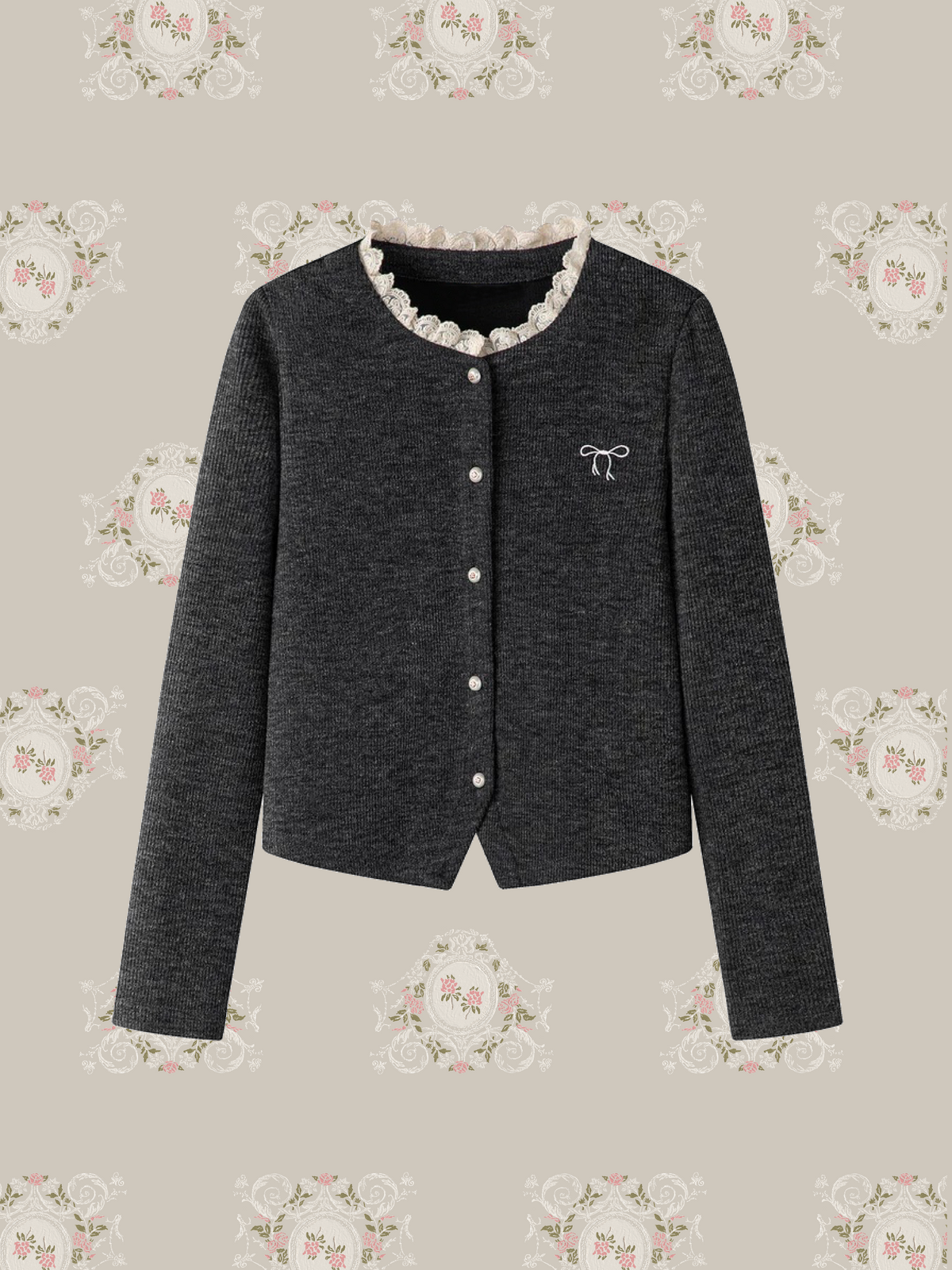 Lace Trim Round Collar Knit Cardigan Long Skirt Set Up/レーストリムラウンドカラーニットカーディガンロングスカートセットアップ