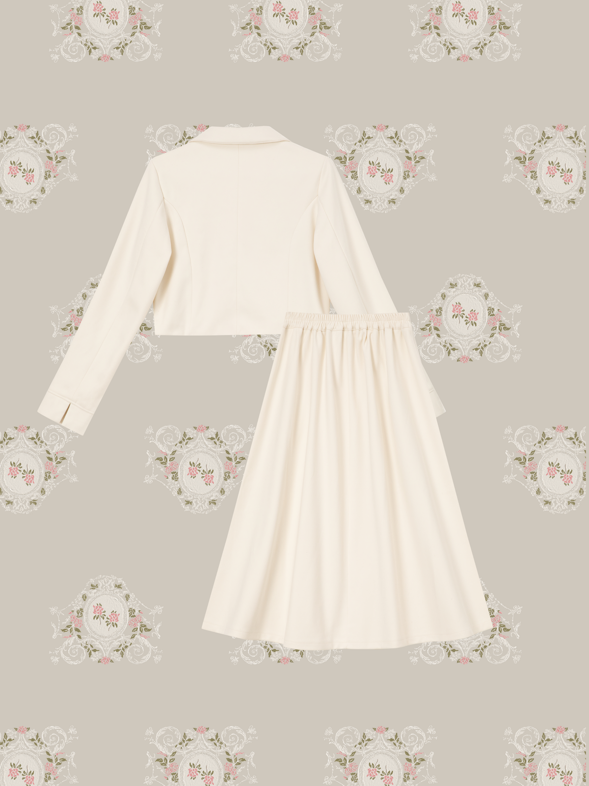 Solid Collared Cropped Jacket Maxi Flare Skirt Set Up/無地襟付きクロップドジャケット＆マキシフレアスカートセットアップ