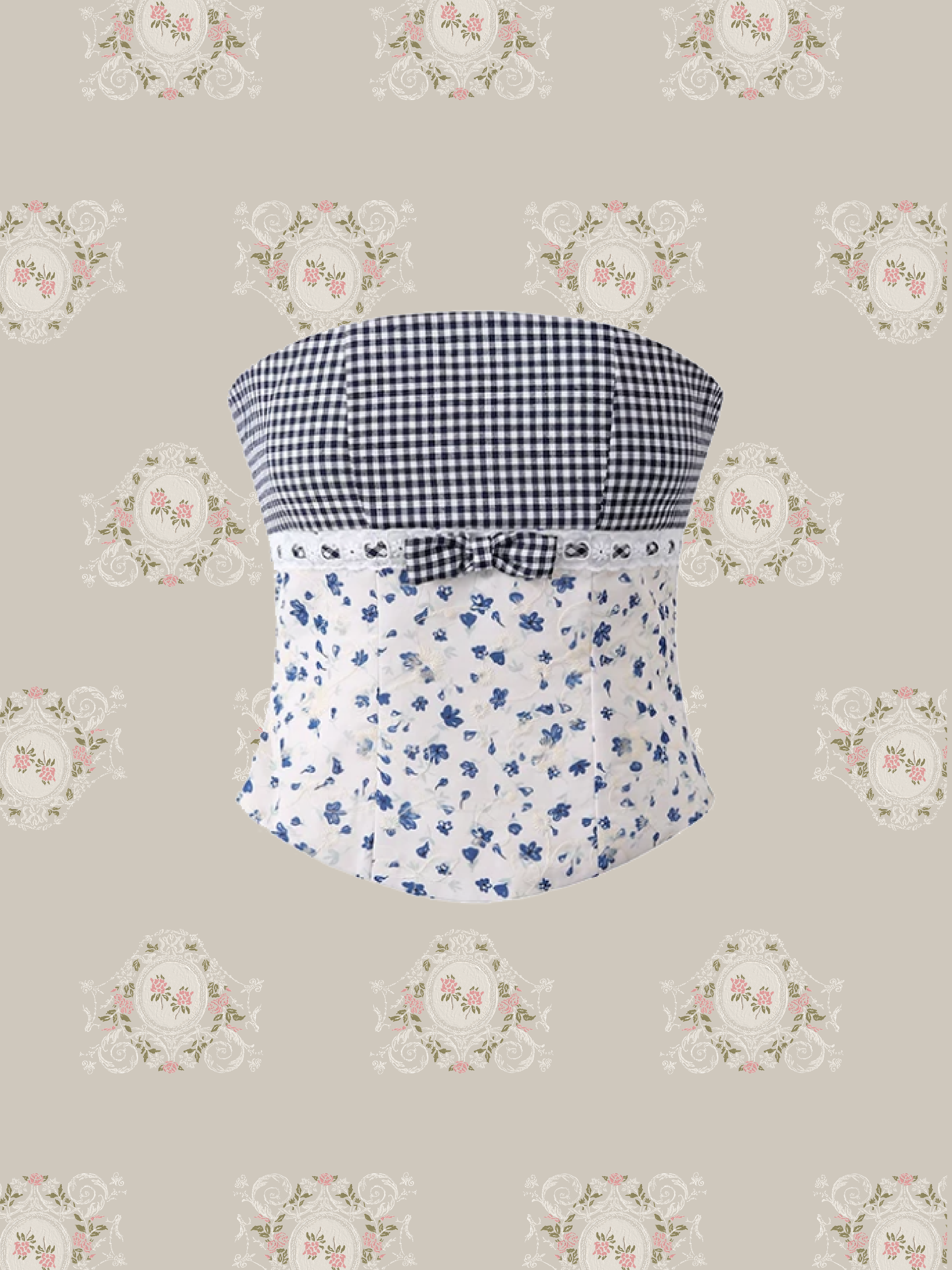 Strapless Gingham Floral Bow Set Up/ストラップレスギンガムチェック柄リボンセット
