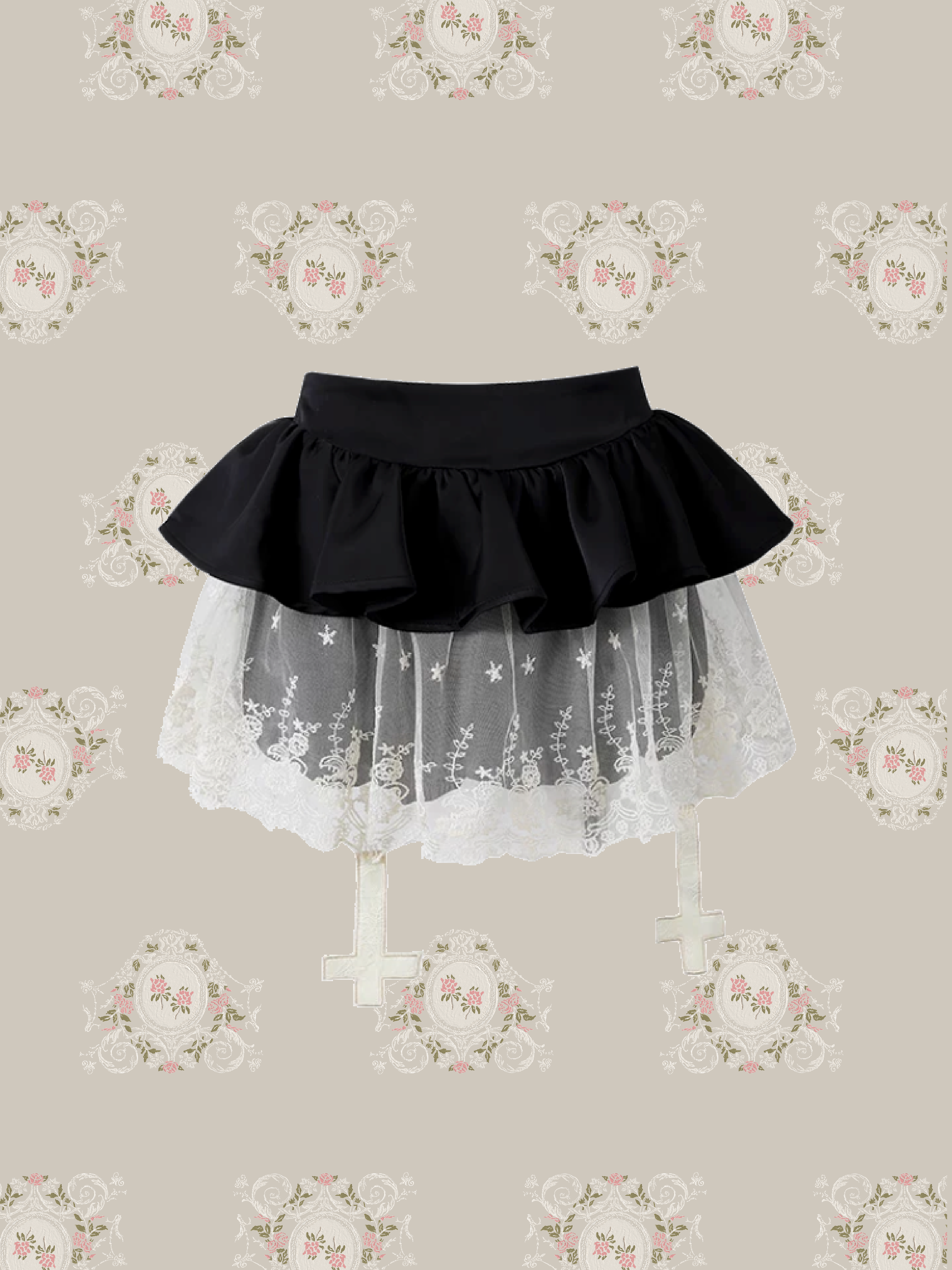 Monochrome Lace Patch Cross Cami Tiered Ruffle Skirt Set Up/モノトーンレースパッチクロスキャミティアードフリルスカートセットアップ