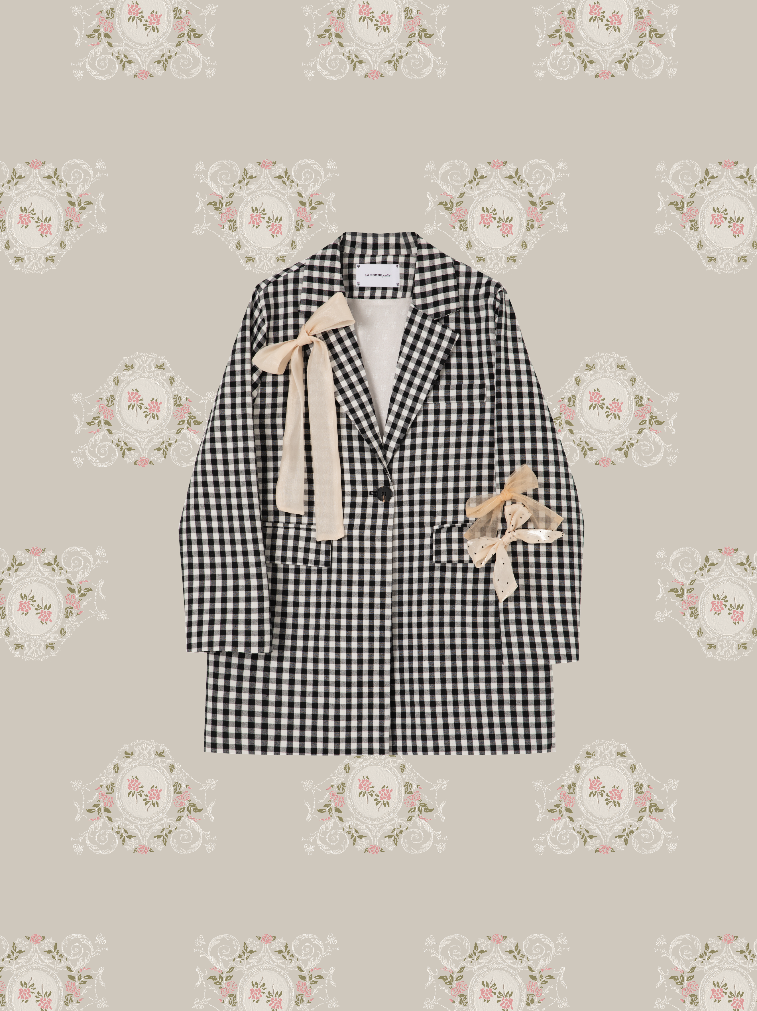 ・予約商品・Crisp Plaid Ribbon Attacked Jacket/チェック柄リボン付きジャケット