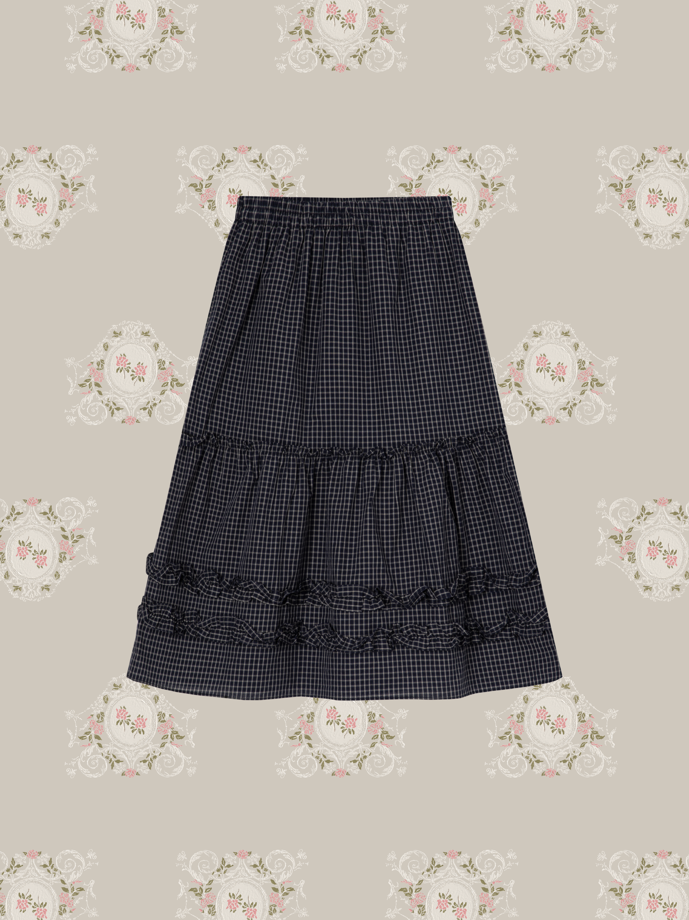 Ruffle-Trim Plaid Midi Skirt/フリル付きチェック柄ミディスカート