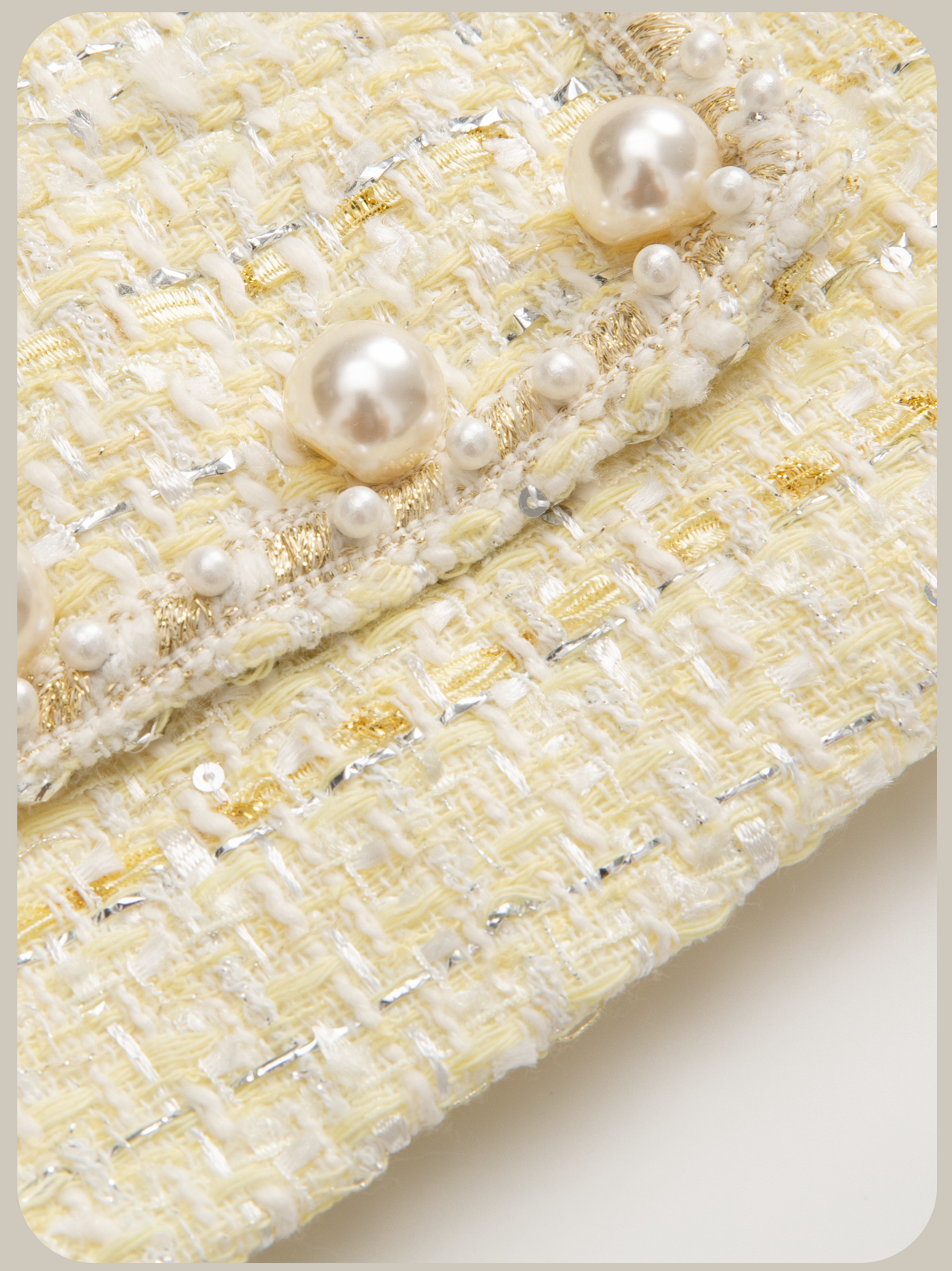 Pale Yellow Pearl Tweed Jacket Short Pants Set Up/ペールイエローパール付きツイードジャケットショートパンツセットアップ