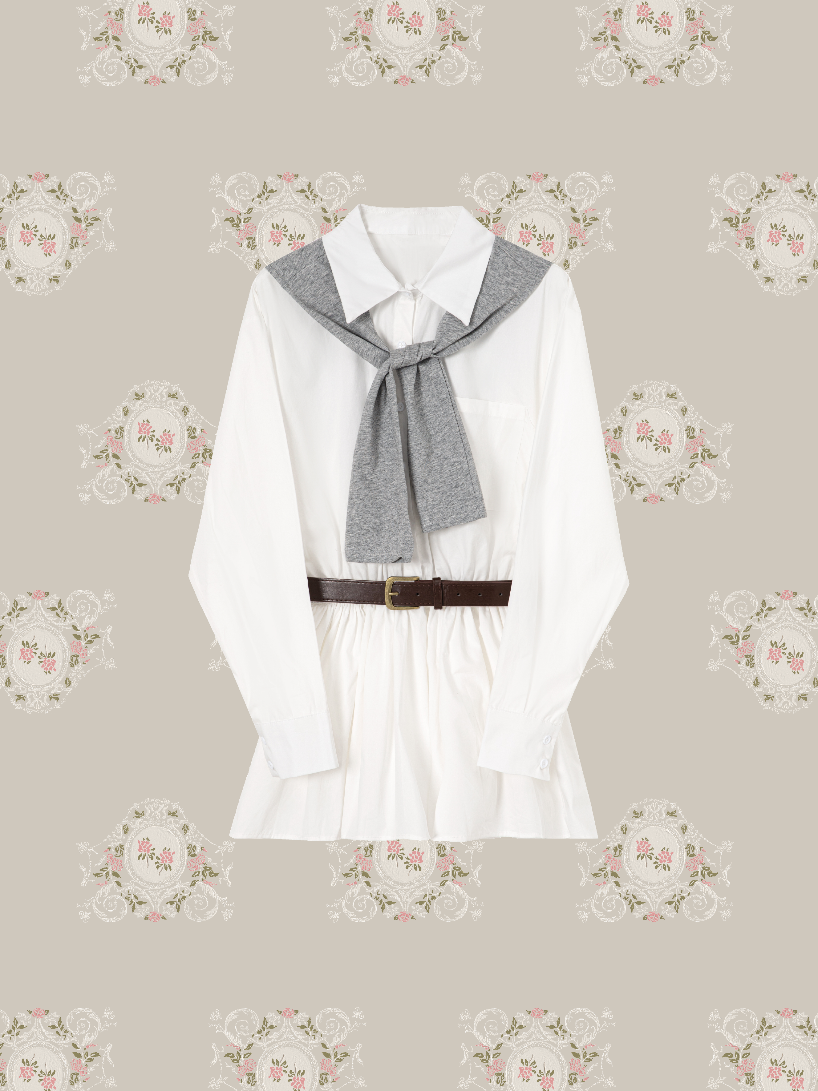 Belted Shirt One Piece With Shawl/ベルトシャツワンピースショール付き