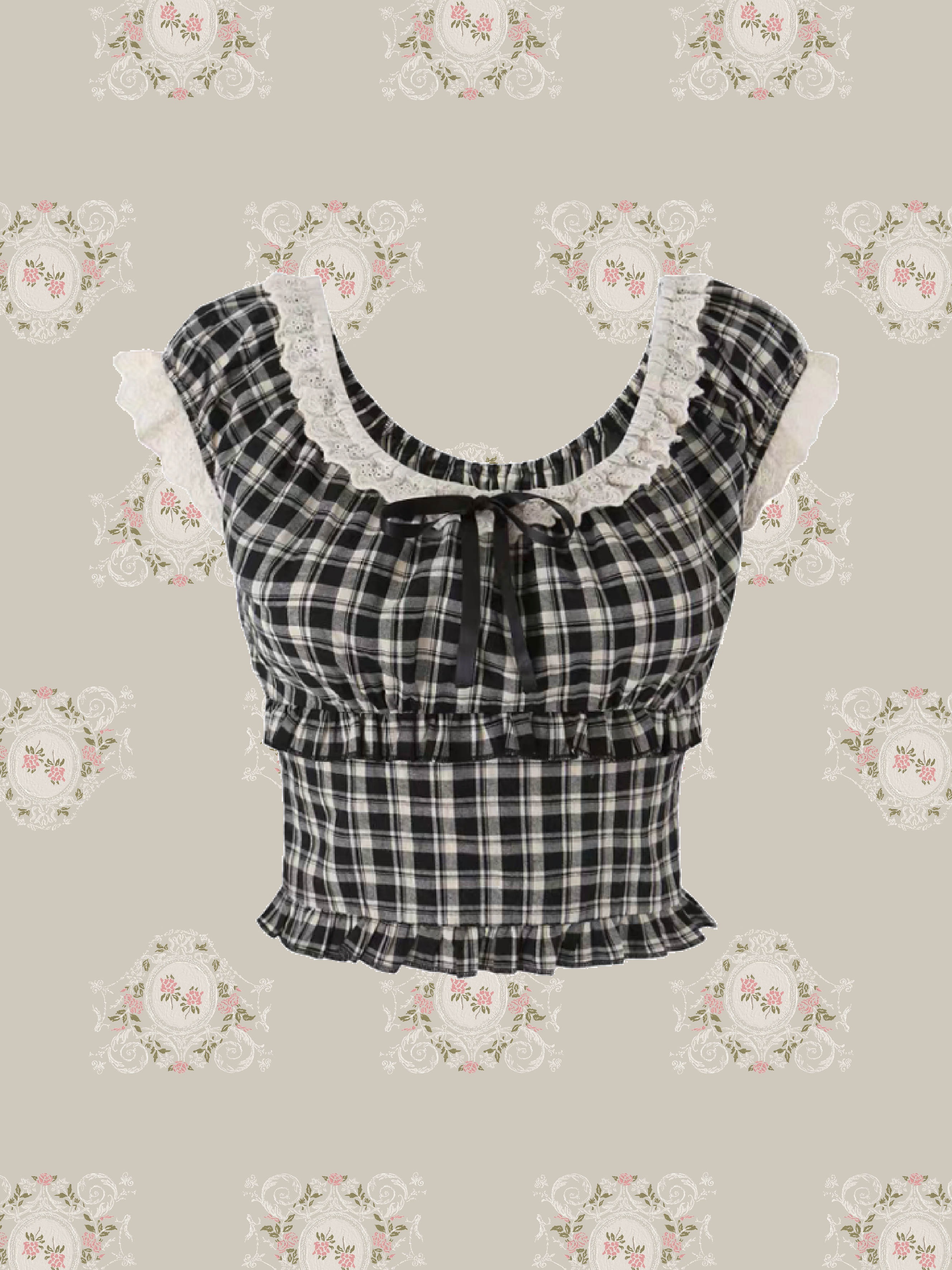 Lace Trim Plaid Bow Top/レーストリムチェック柄リボントップス