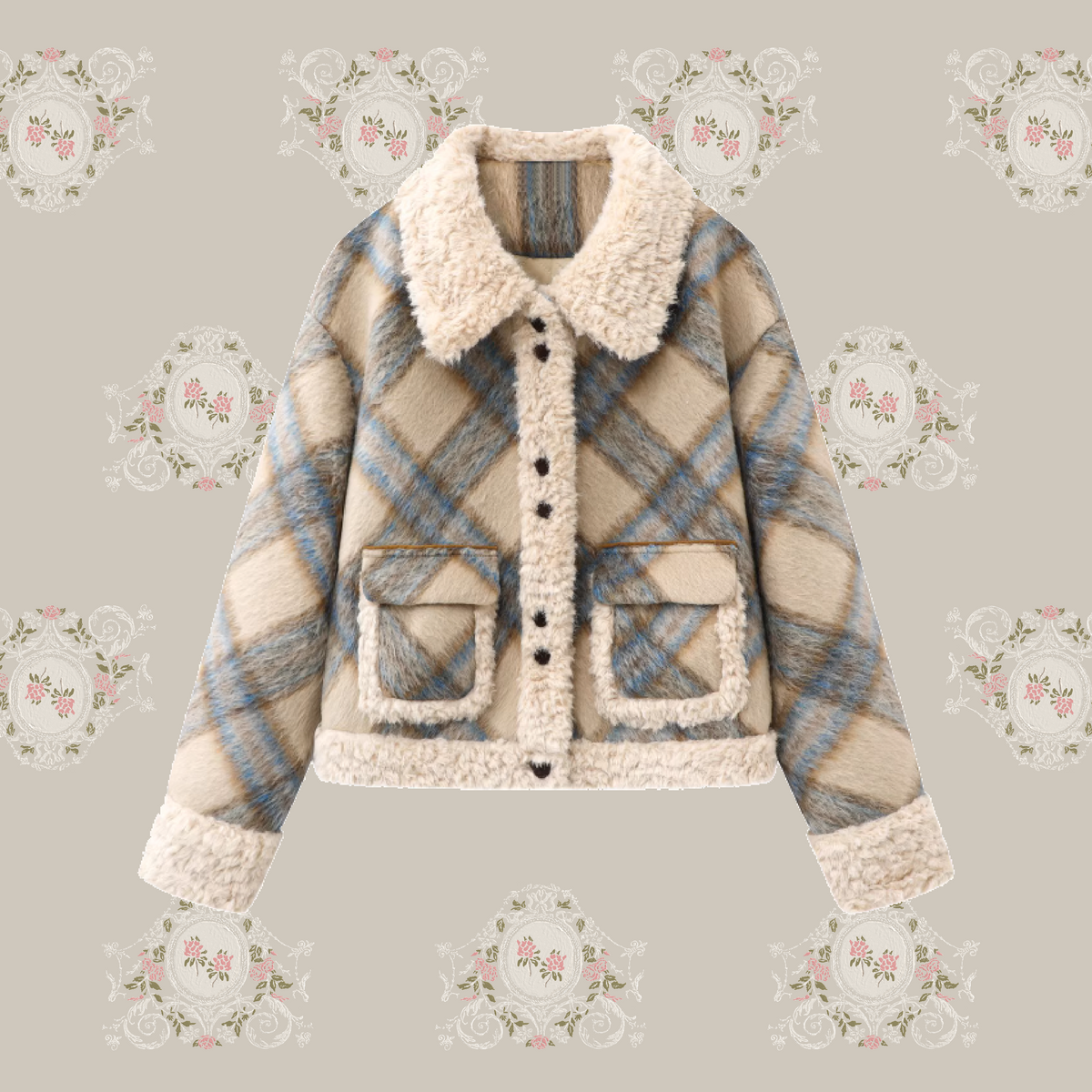 Cozy Check Style Faux Fur Jacket/チェックスタイルフェイクファー