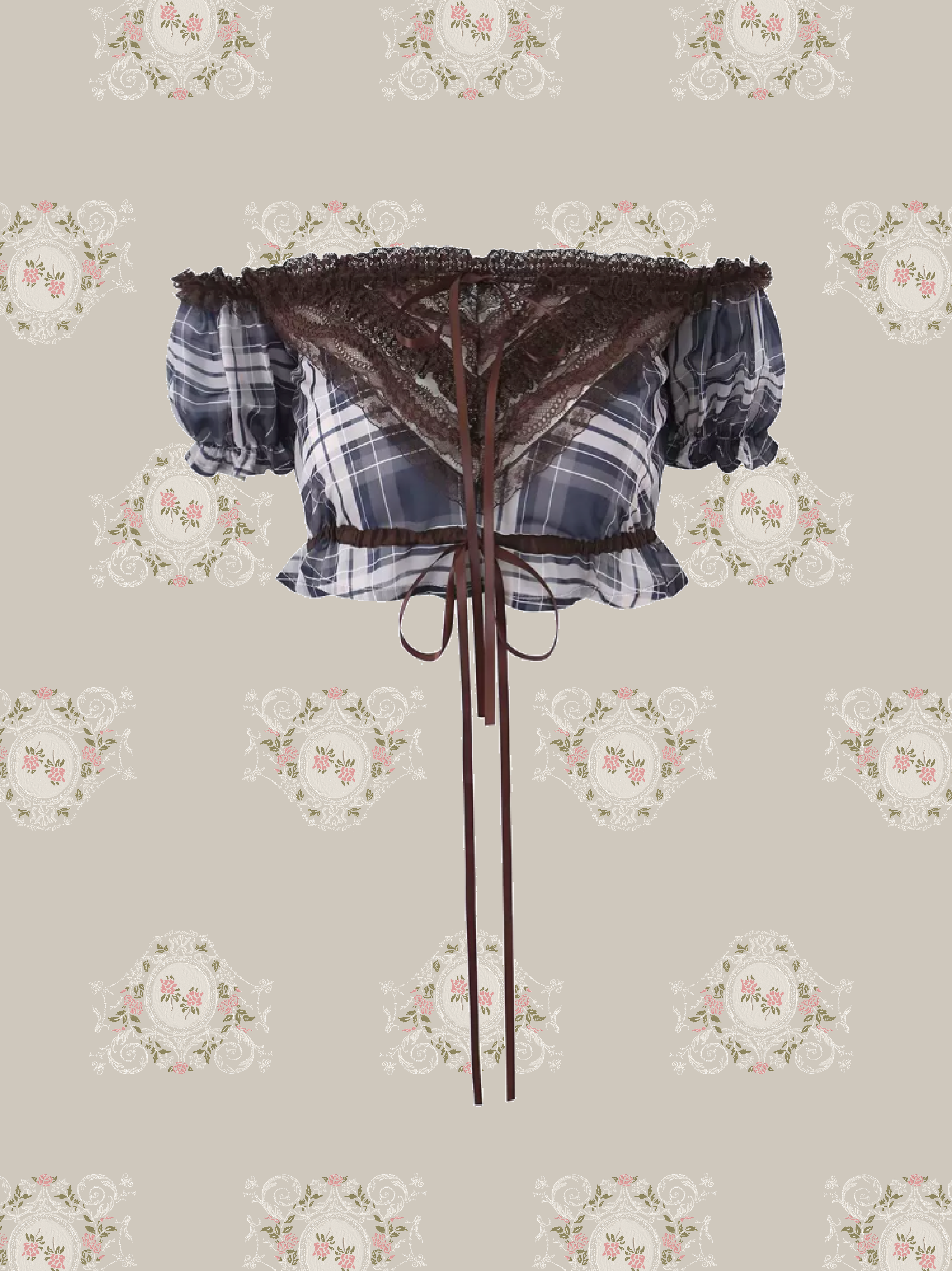 Off-Shoulder Plaid Lace Crop Top/オフショルダーチェック柄レースクロップトップ