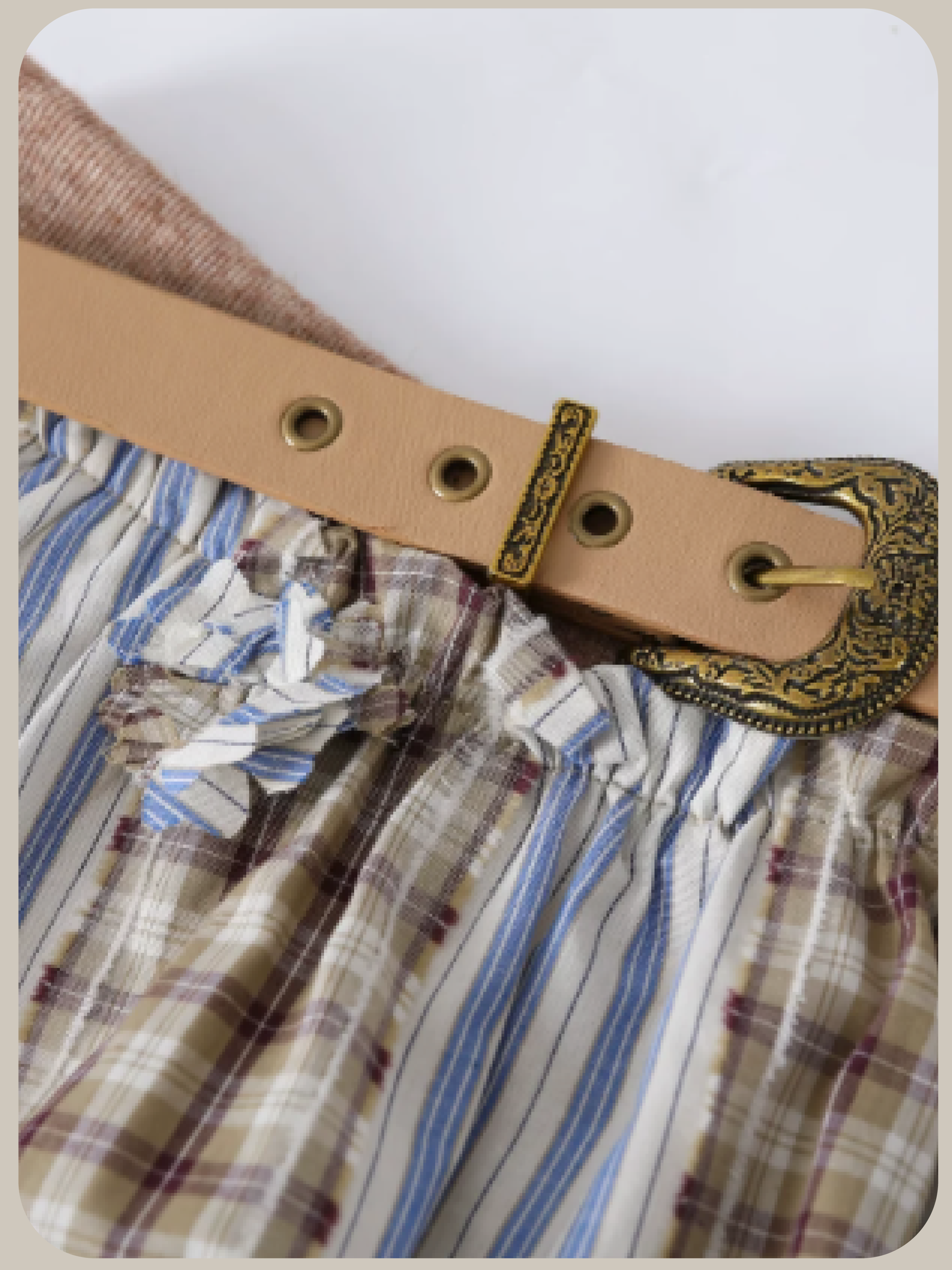 Plaid-Contrast Strapless Top with Belt/チェックコントラストストラップレストップベルト付き